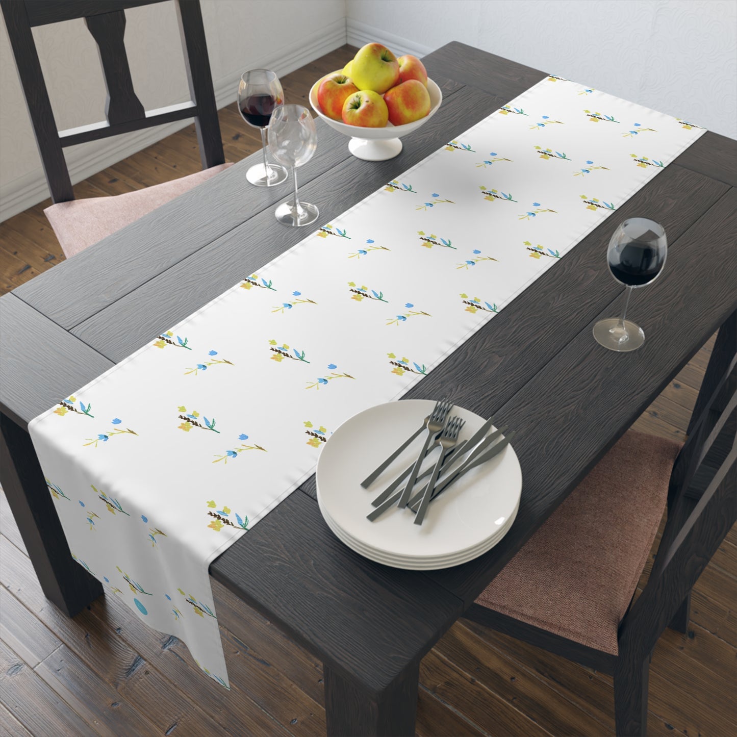 Fall Blue and Yellow Flowers White Table Runner (Cotton, Polyester)