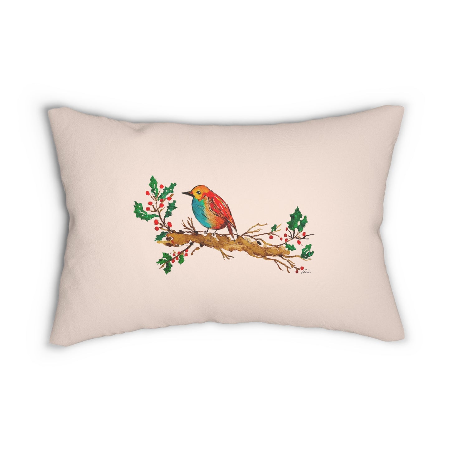 Bright Bird on a Branch Cream Lumbar Pillow