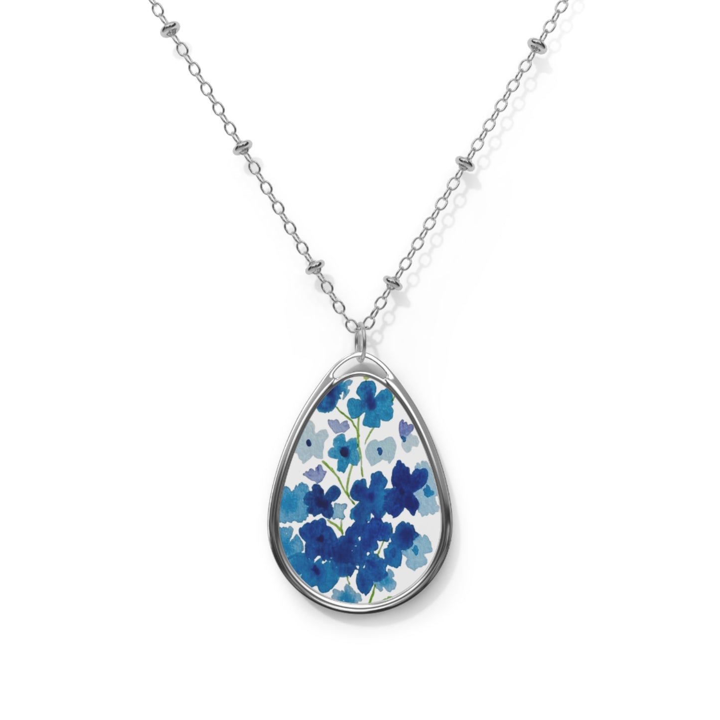 Blue Flowers Close-up Oval Necklace