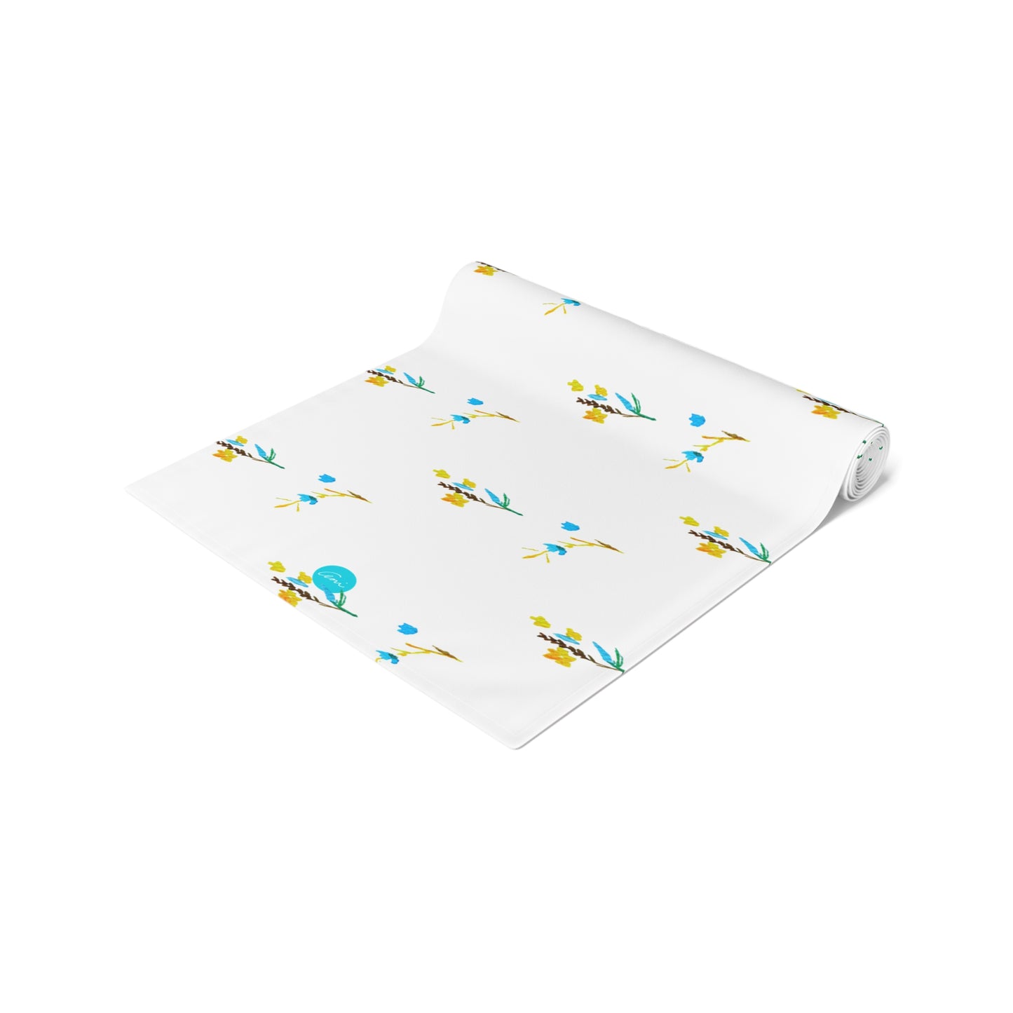 Fall Blue and Yellow Flowers White Table Runner (Cotton, Polyester)