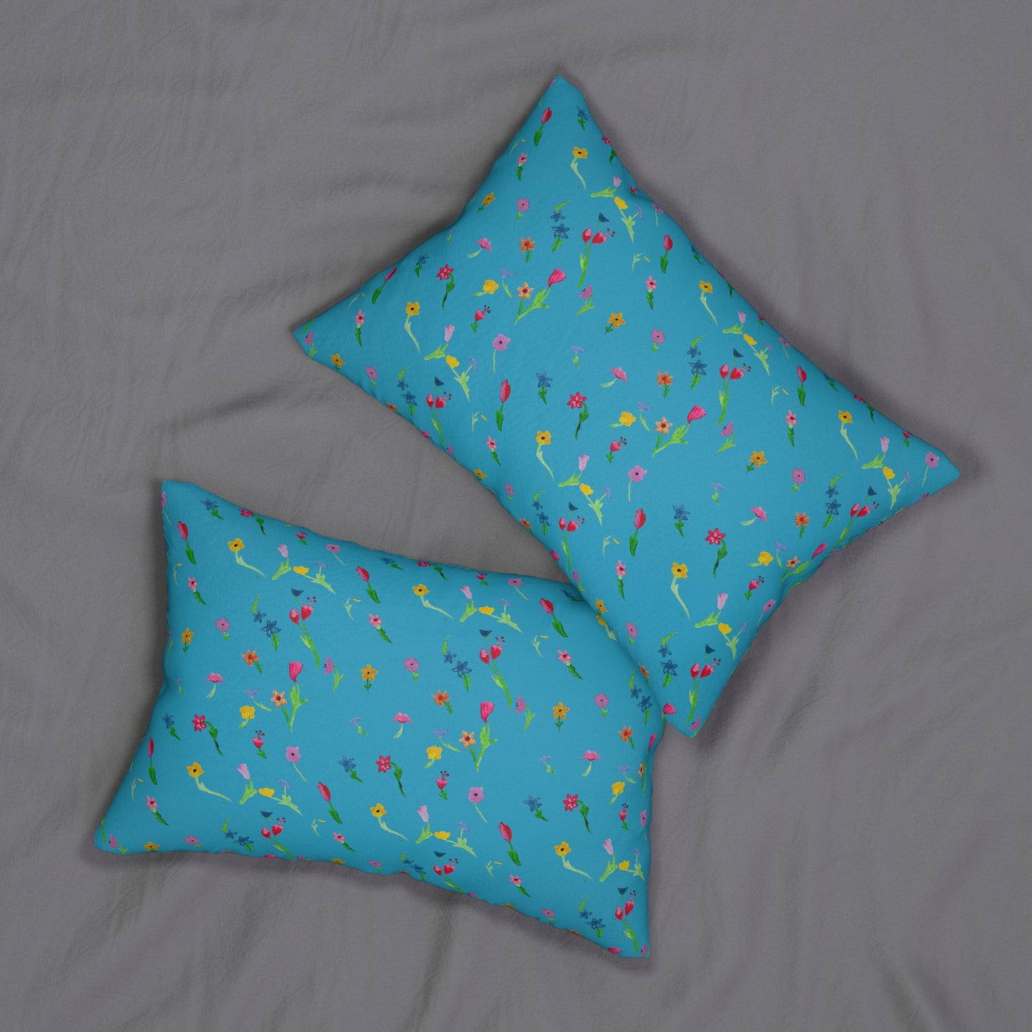 Floating Flowers Spun Polyester Turquoise Lumbar Pillow