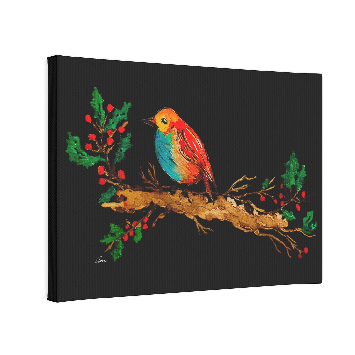 Bright Bird on a Branch Black Canvas Print