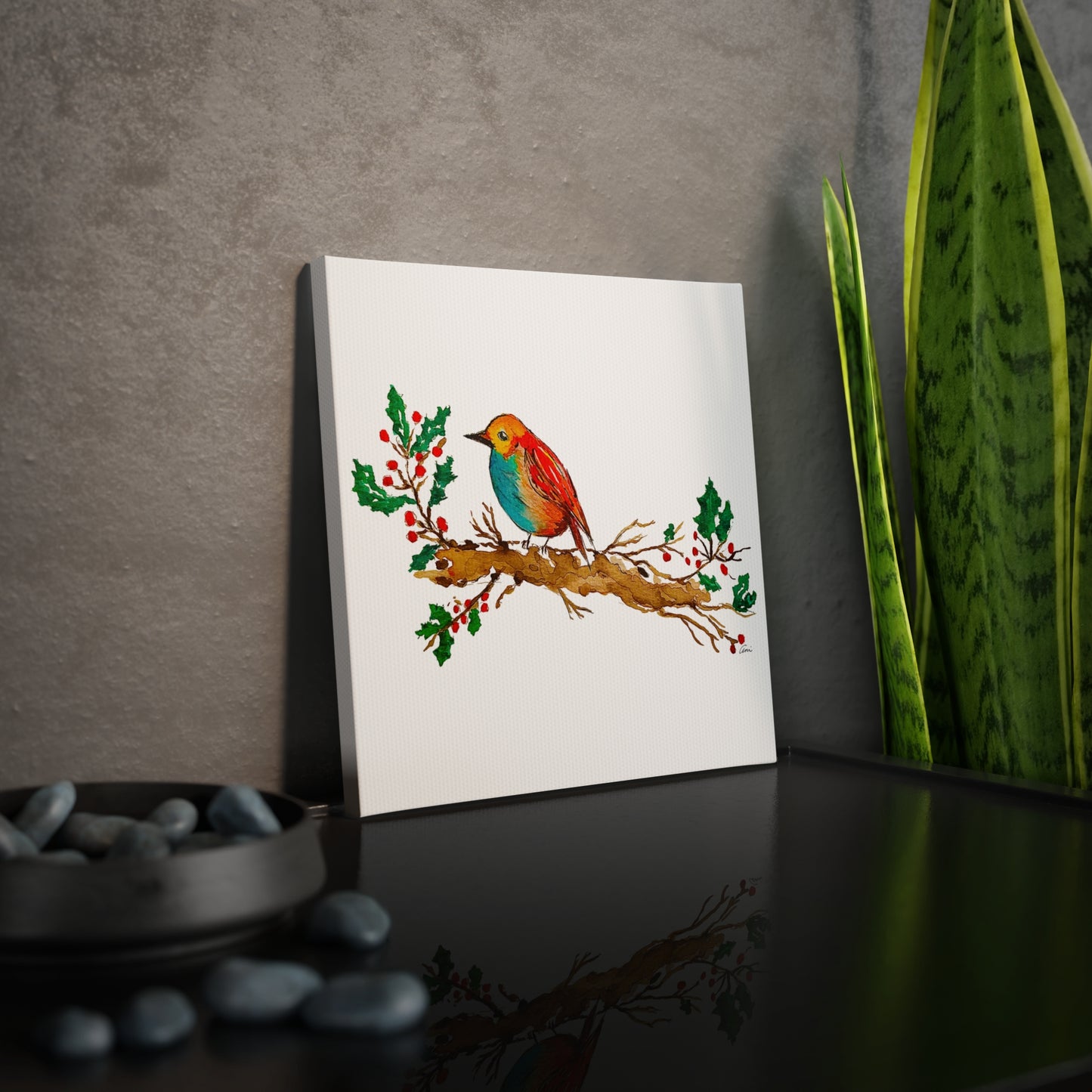 Bright Bird on a Branch White Canvas Print