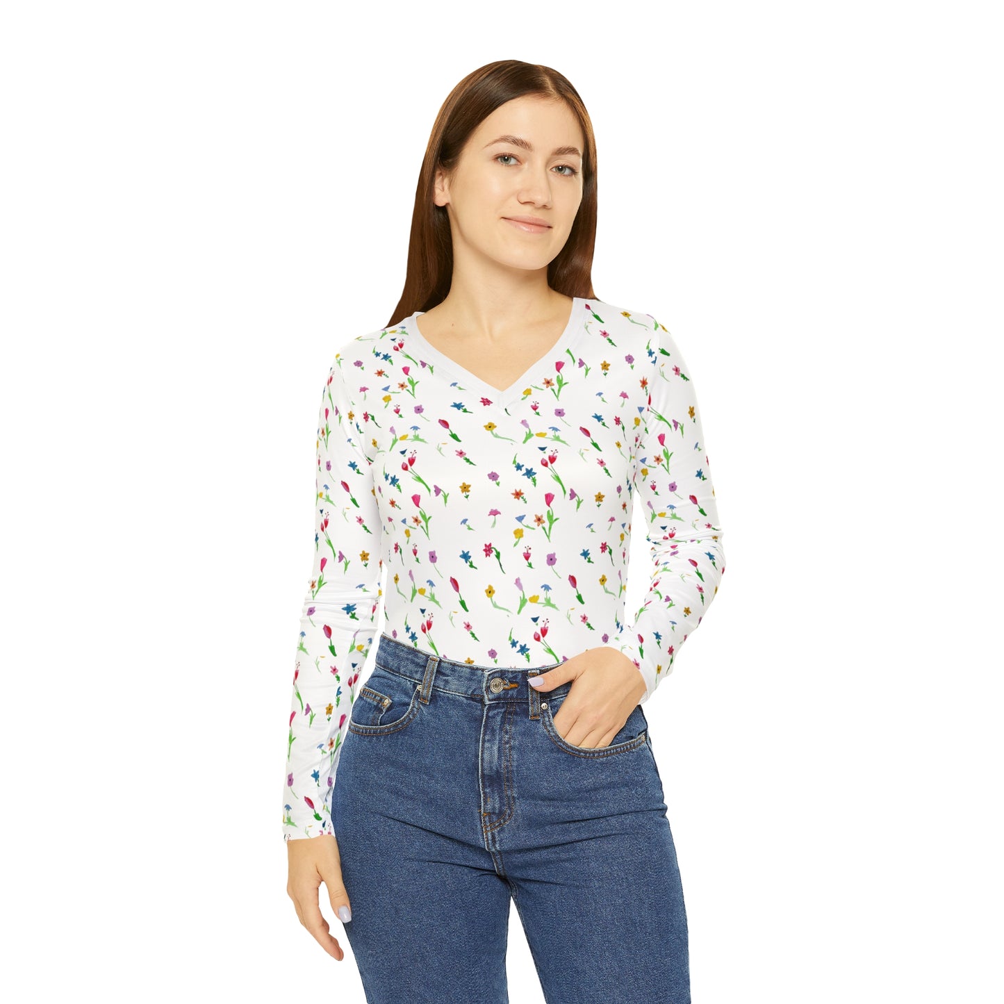 Floating Flowers Women's Long Sleeve V-neck Shirt