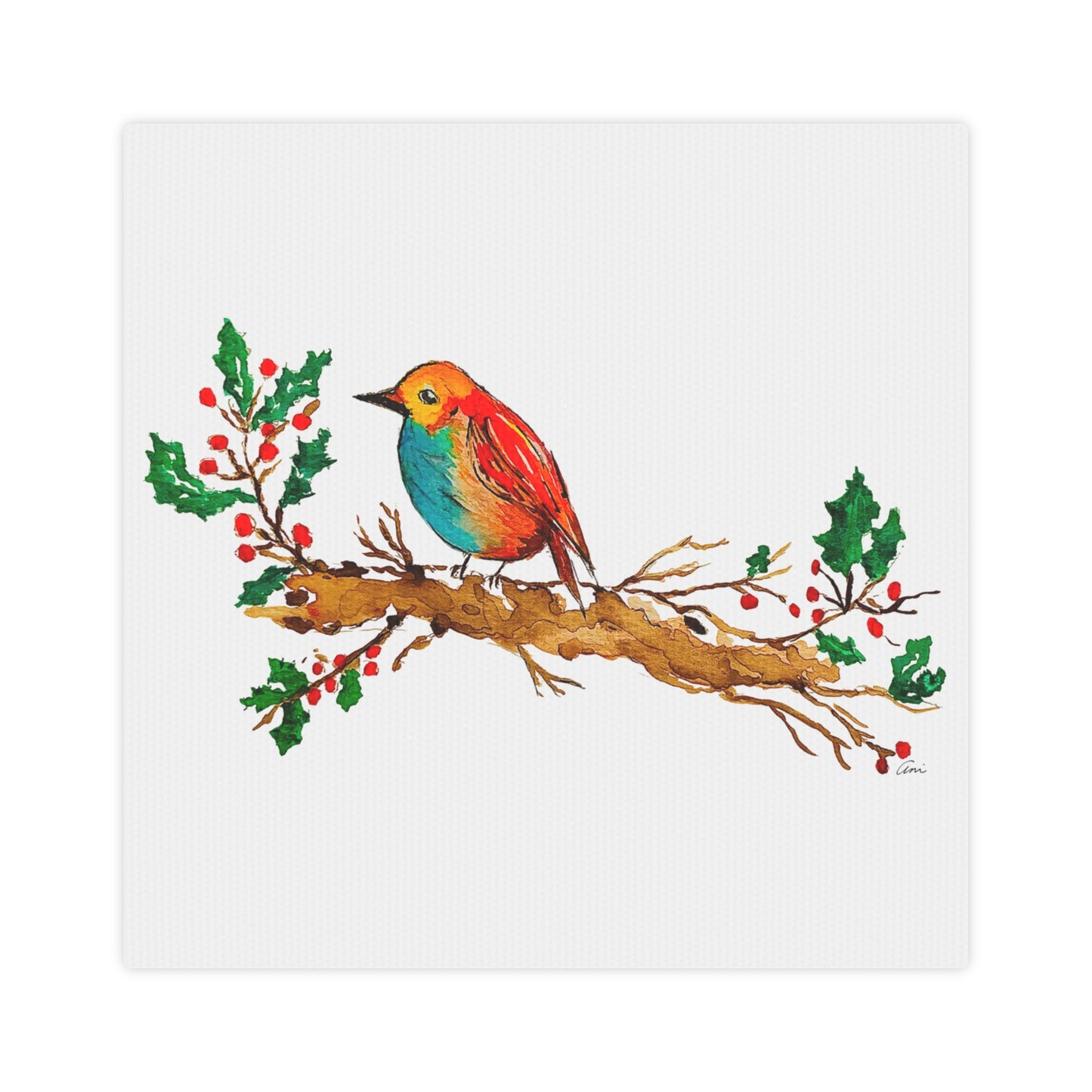 Bright Bird on a Branch White Canvas Print