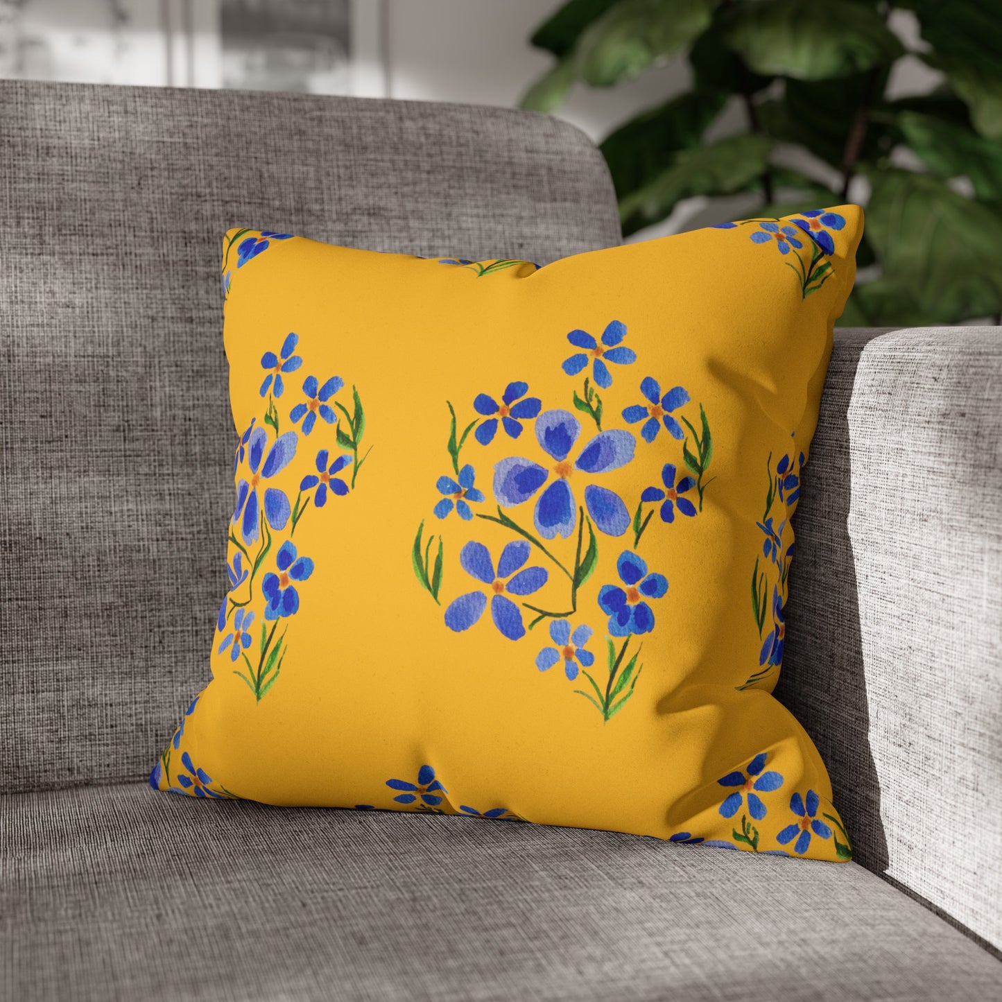 Forget Me Not Floral Faux Suede Square Yellow Pillowcase