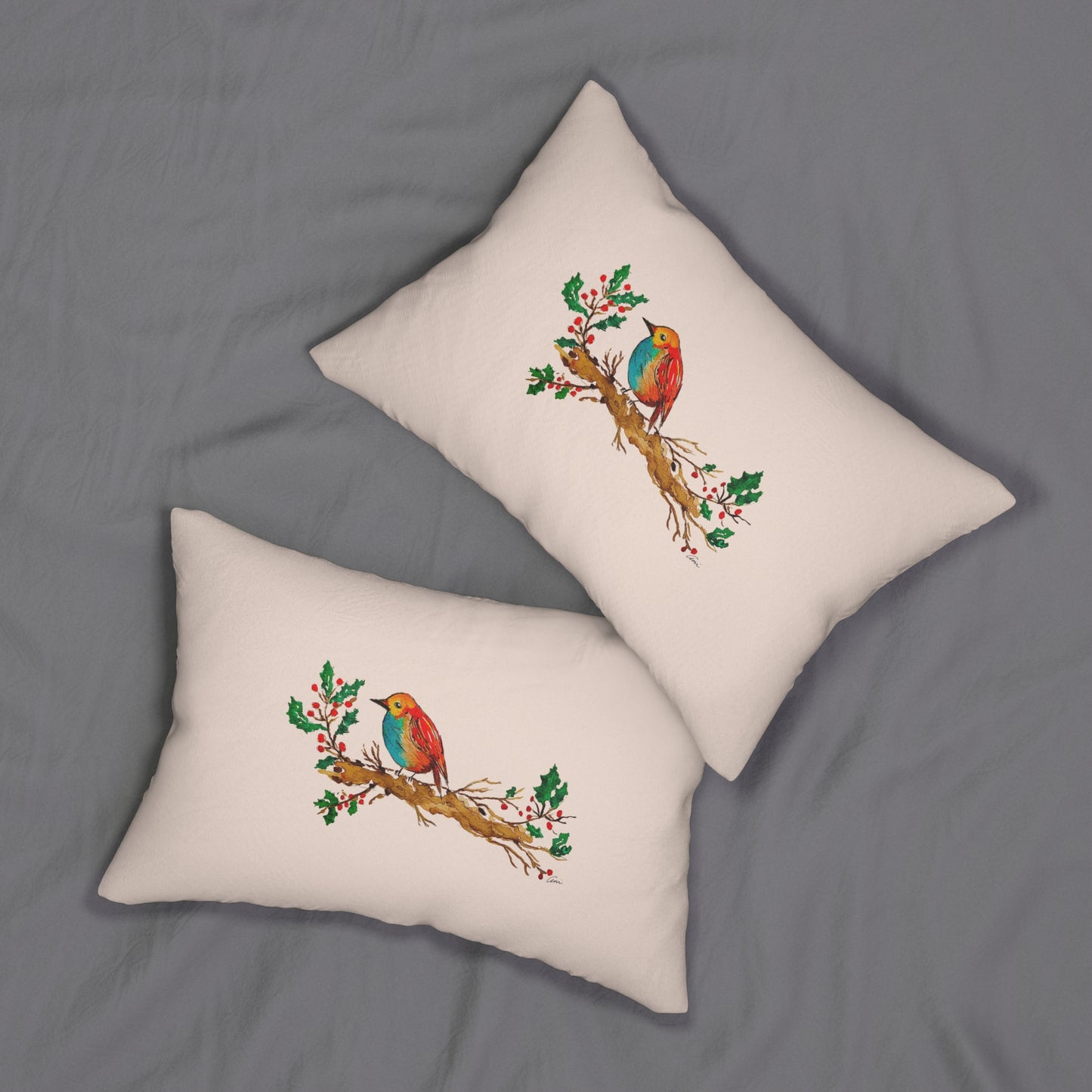 Bright Bird on a Branch Cream Lumbar Pillow