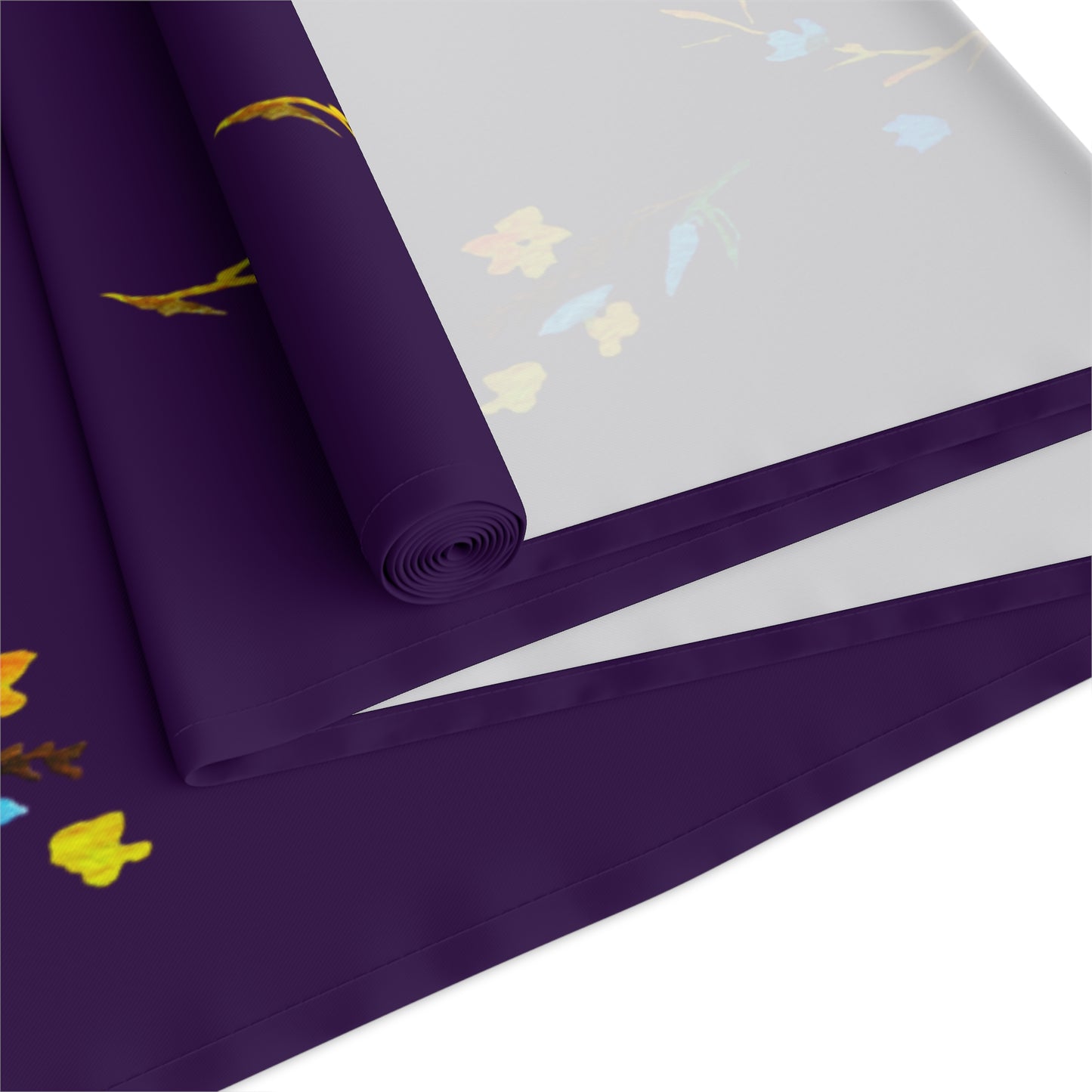 Fall Yellow and Blue Flowers Dark Purple Table Runner (Cotton, Polyester)