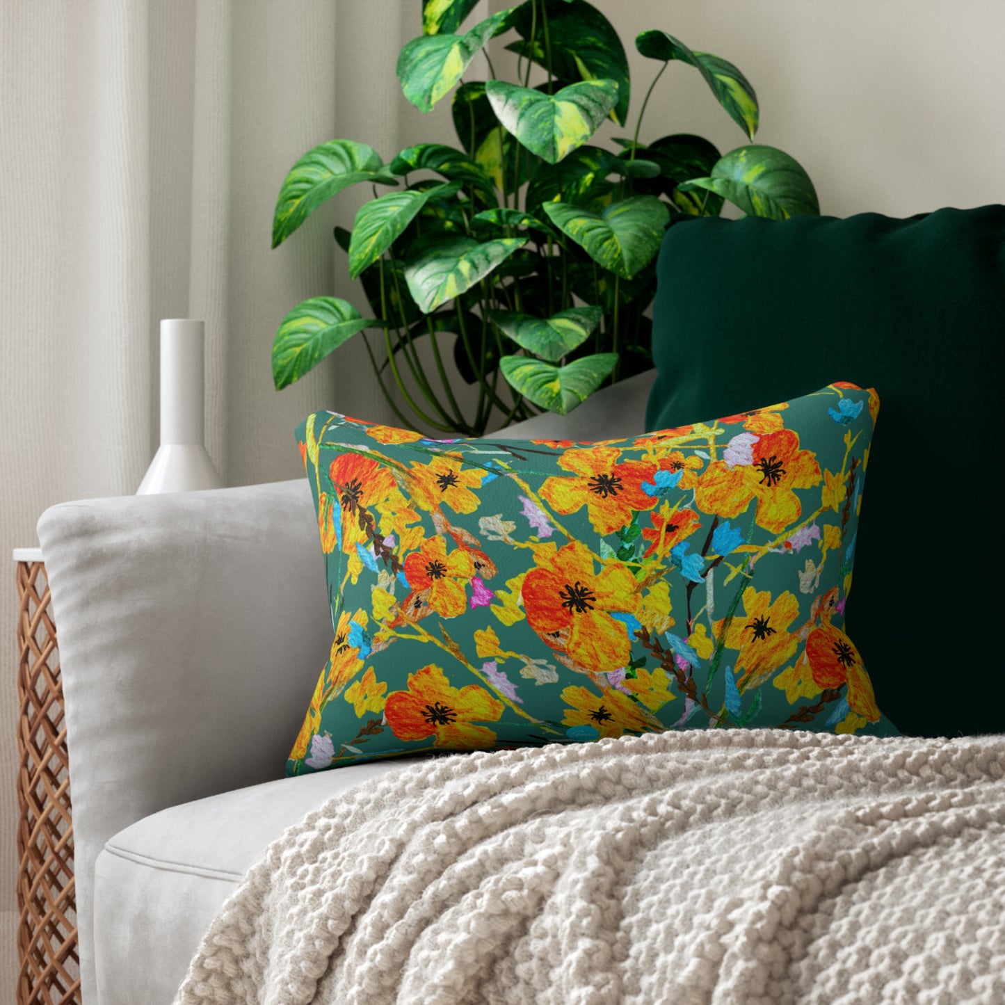 Fall Bouquet Teal Lumbar Pillow