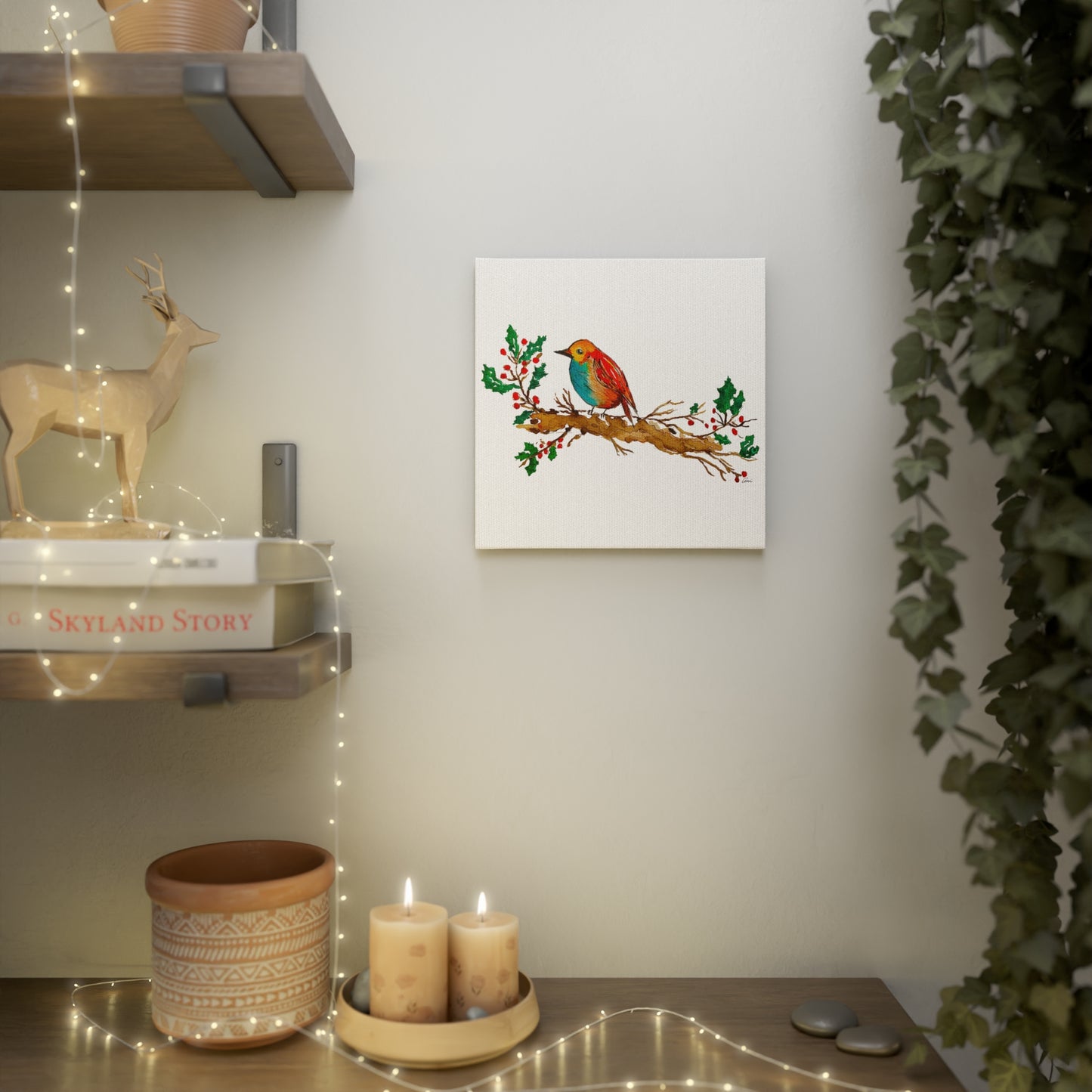 Bright Bird on a Branch White Canvas Print