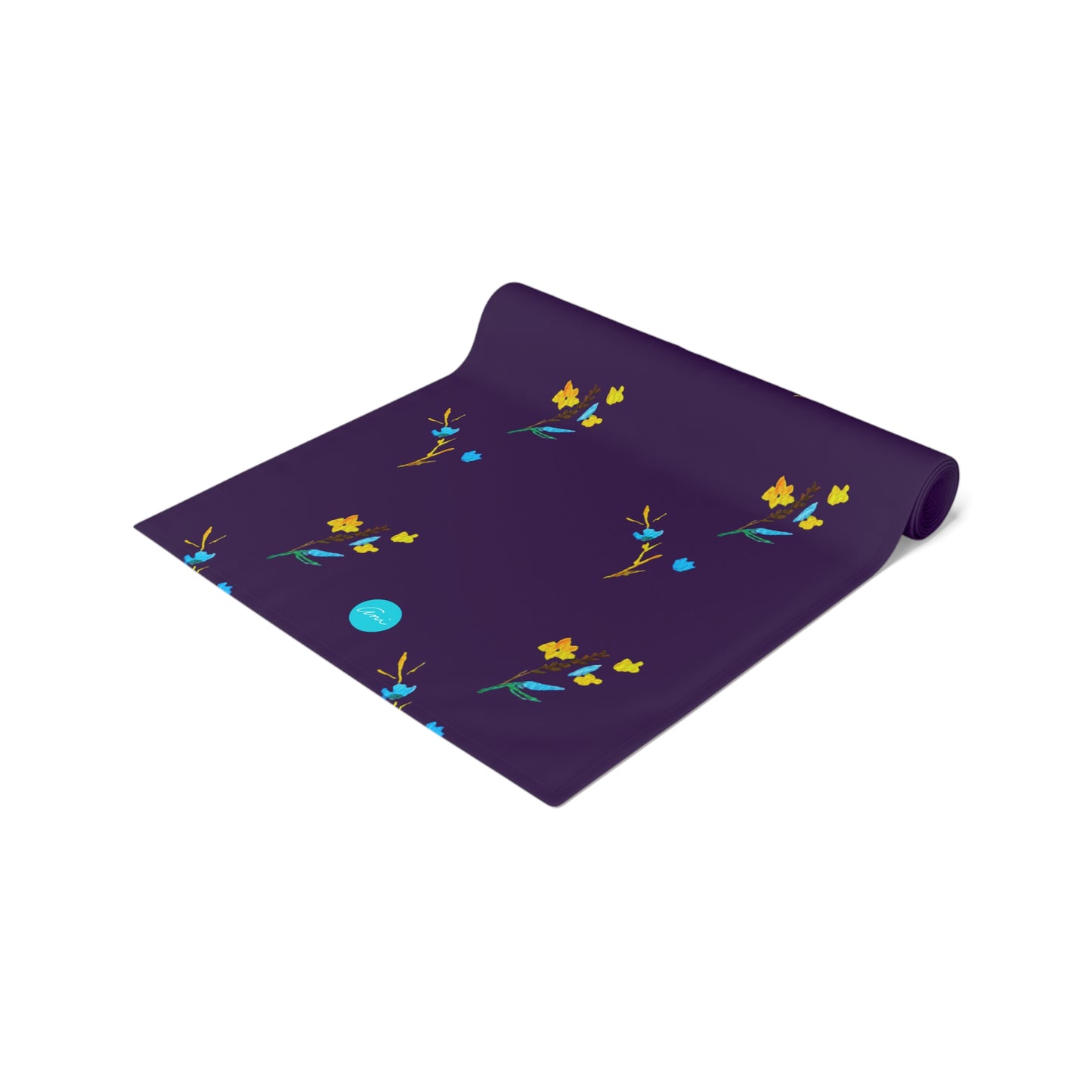 Fall Yellow and Blue Flowers Dark Purple Table Runner (Cotton, Polyester)