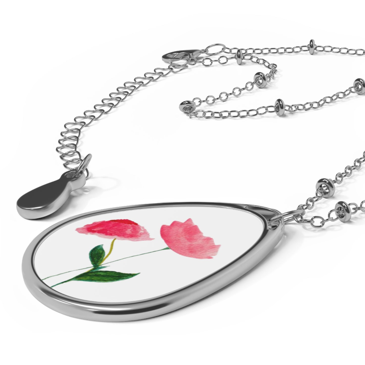 Two Pink Flowers Oval Necklace