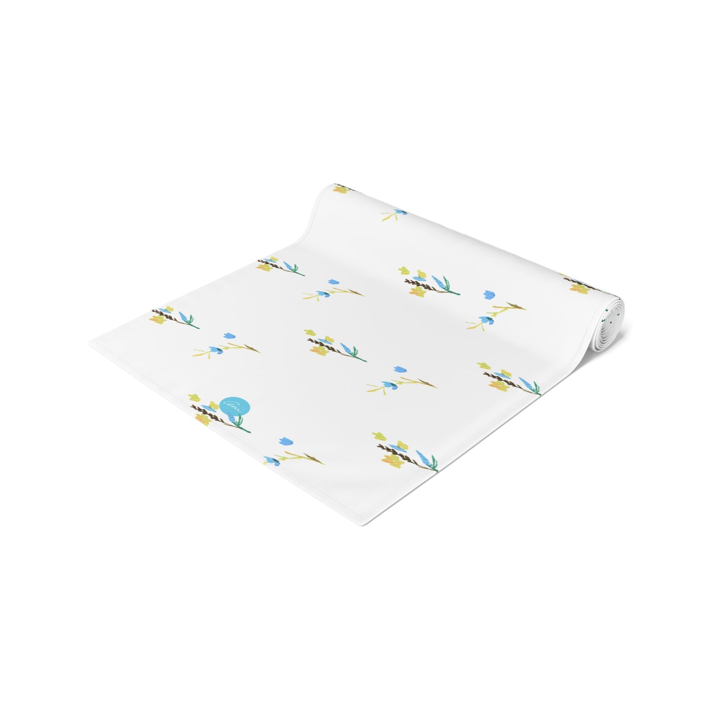 Fall Blue and Yellow Flowers White Table Runner (Cotton, Polyester)