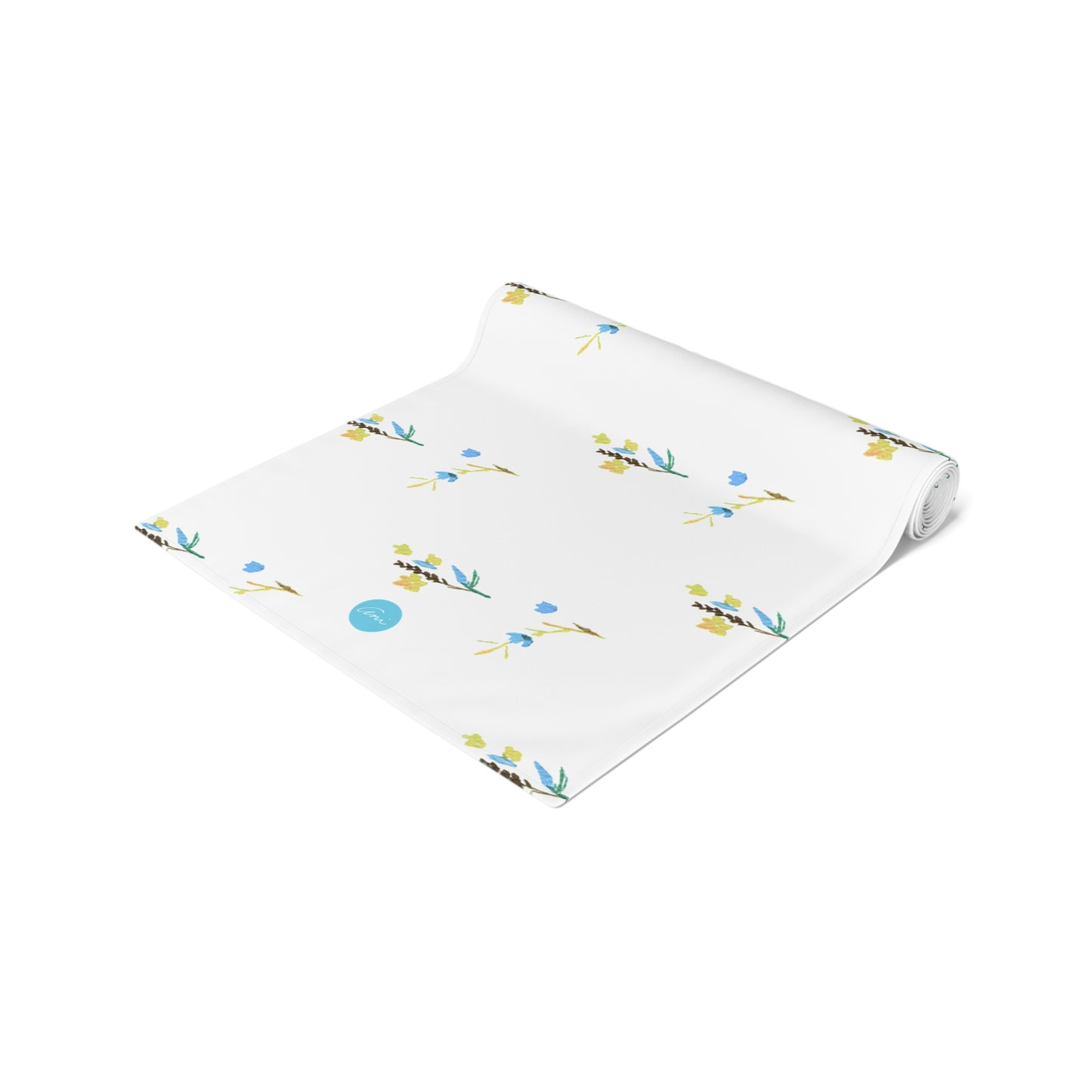 Fall Blue and Yellow Flowers White Table Runner (Cotton, Polyester)