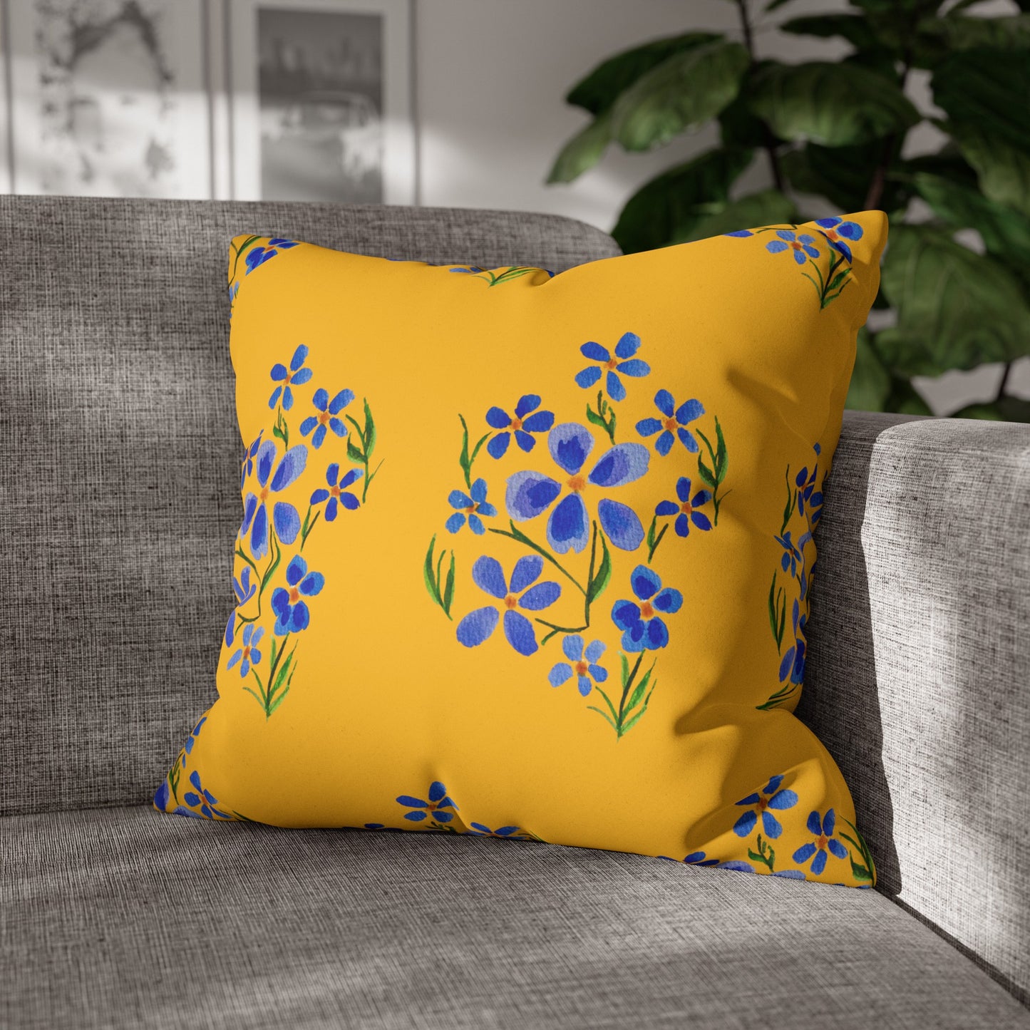 Forget Me Not Floral Faux Suede Square Yellow Pillowcase