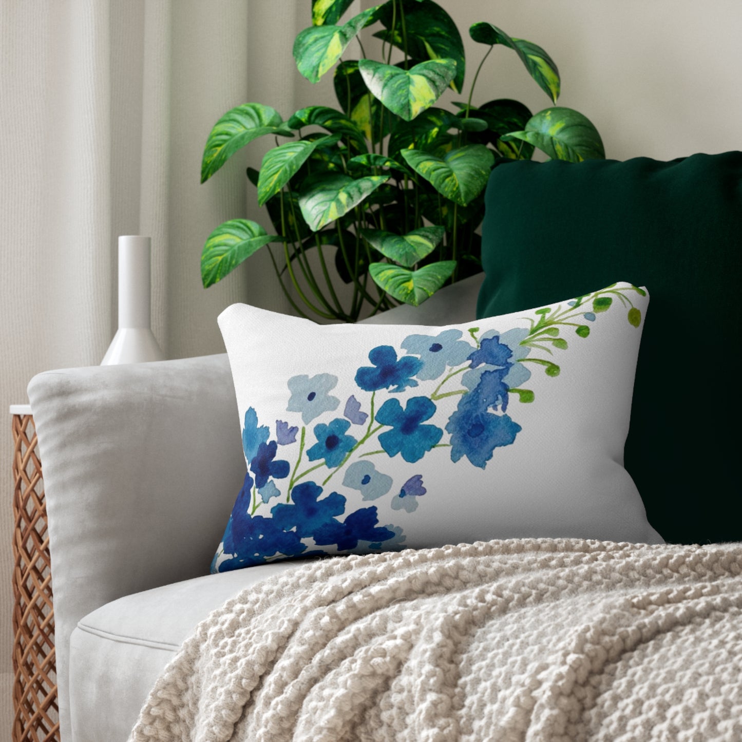 Blue Flowers Large Print Spun Polyester Lumbar Pillow