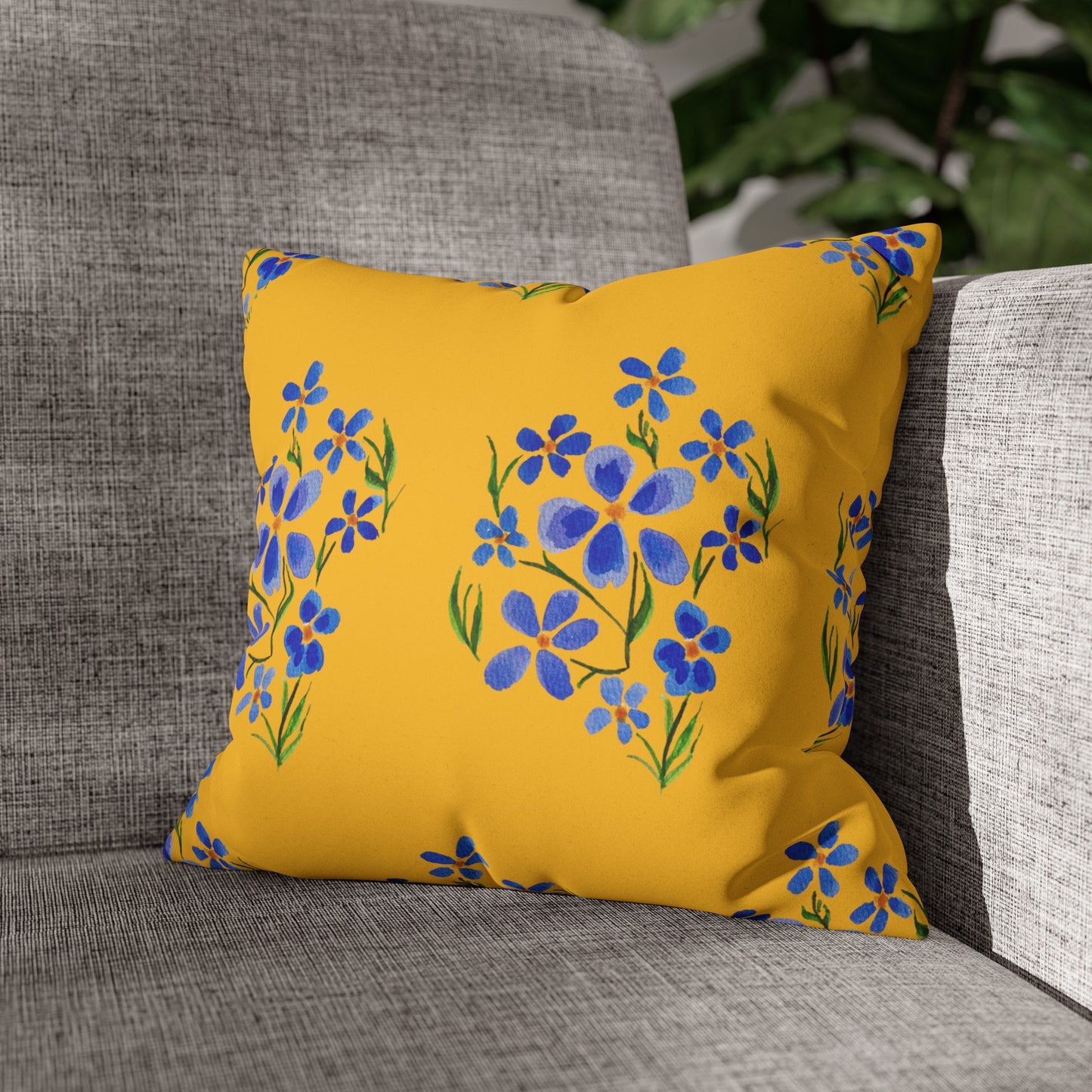 Forget Me Not Floral Faux Suede Square Yellow Pillowcase