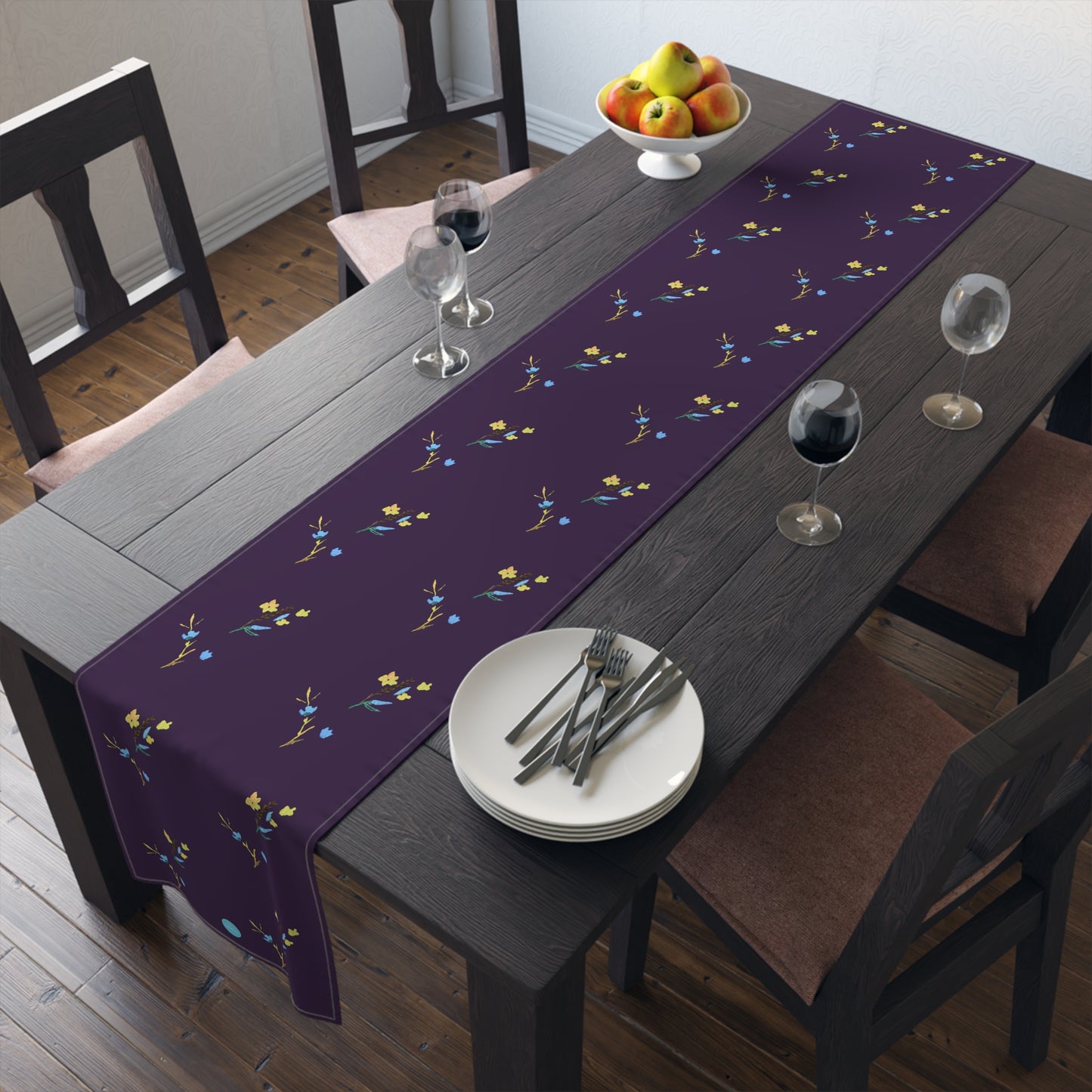 Fall Yellow and Blue Flowers Dark Purple Table Runner (Cotton, Polyester)