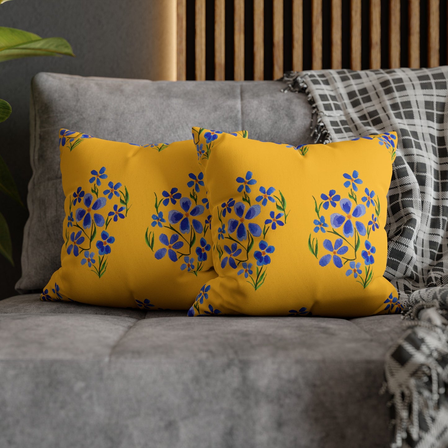 Forget Me Not Floral Faux Suede Square Yellow Pillowcase