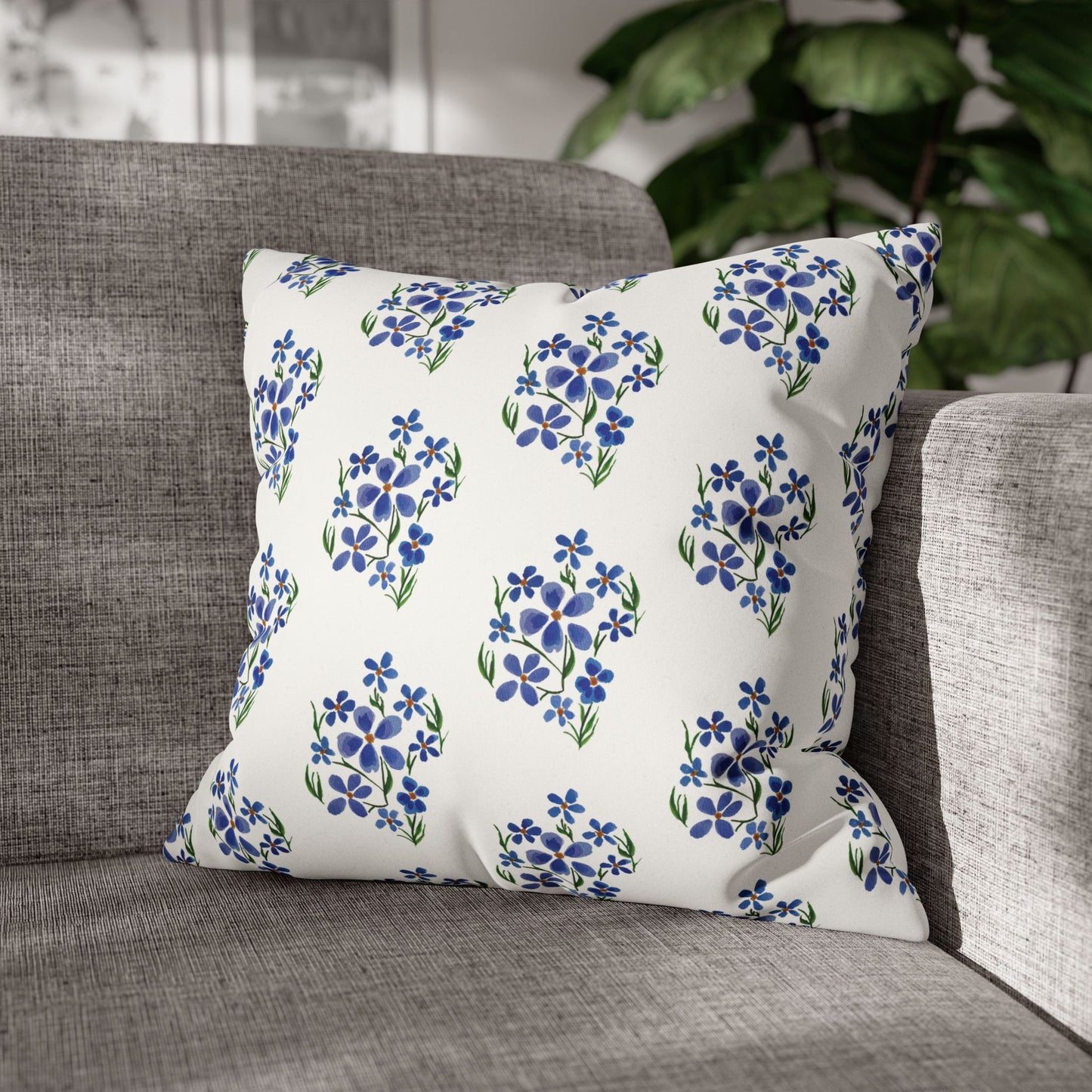 Forget Me Not Floral Faux Suede Square White Pillowcase