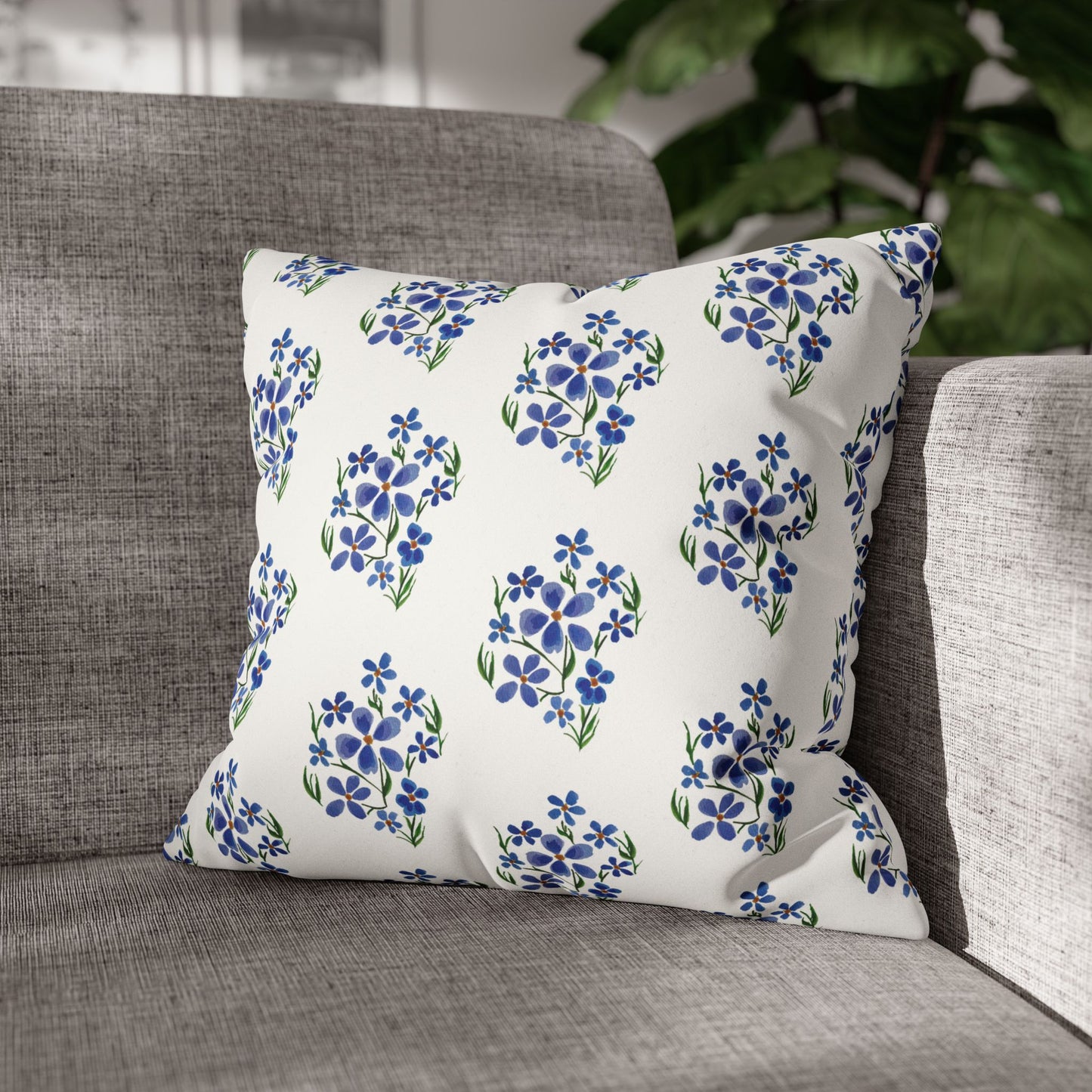 Forget Me Not Floral Faux Suede Square White Pillowcase