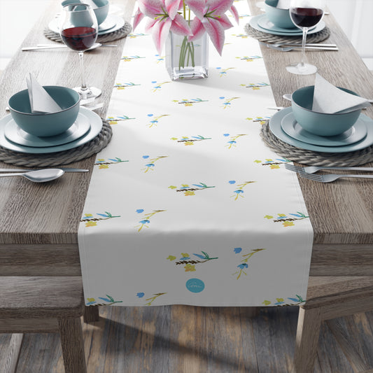 Fall Blue and Yellow Flowers White Table Runner (Cotton, Polyester)