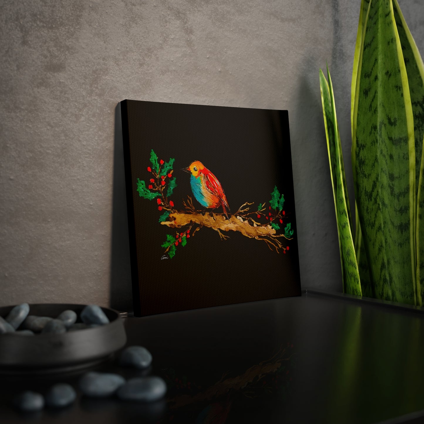 Bright Bird on a Branch Black Canvas Print