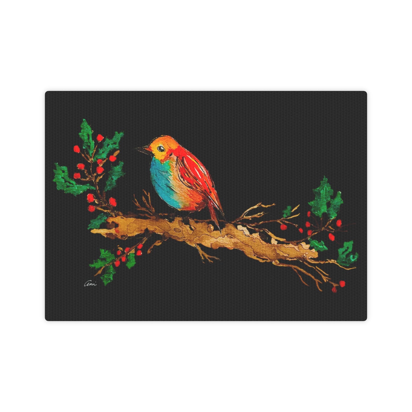 Bright Bird on a Branch Black Canvas Print