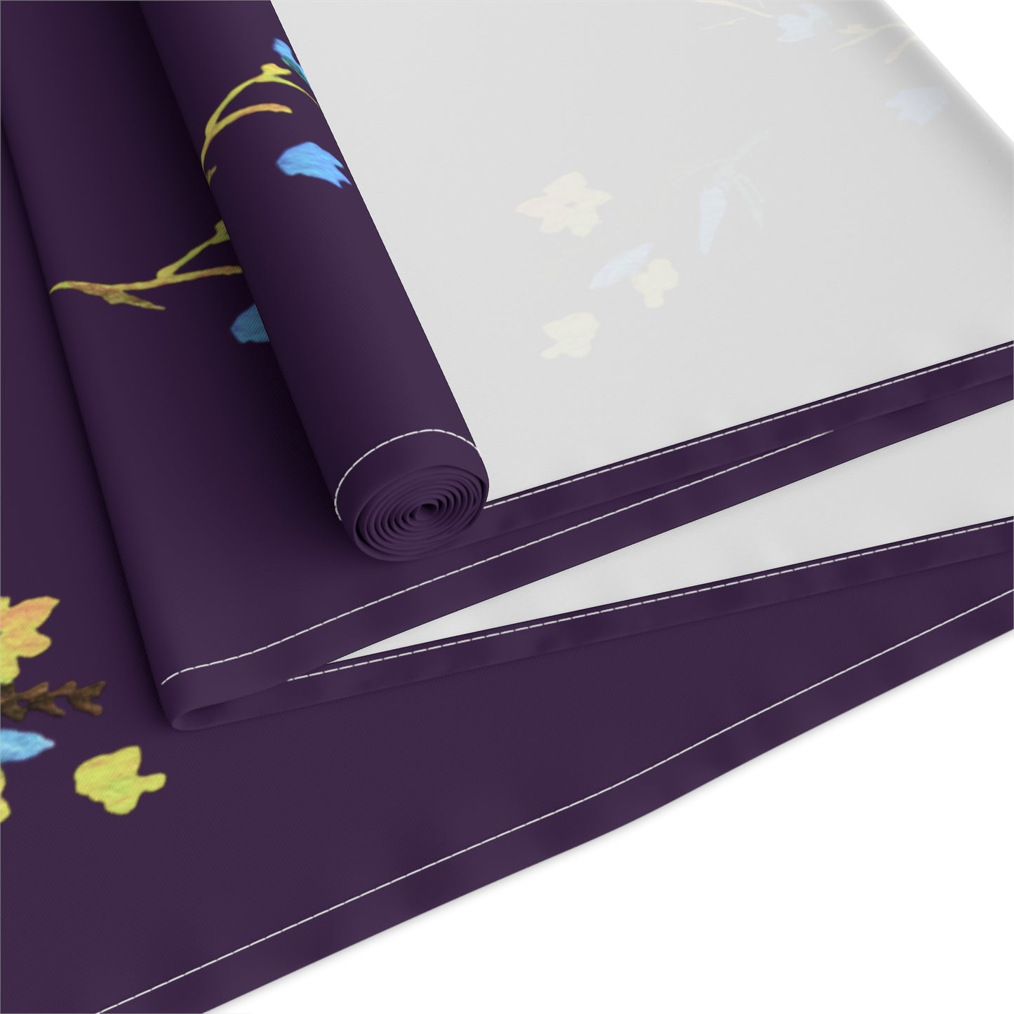 Fall Yellow and Blue Flowers Dark Purple Table Runner (Cotton, Polyester)