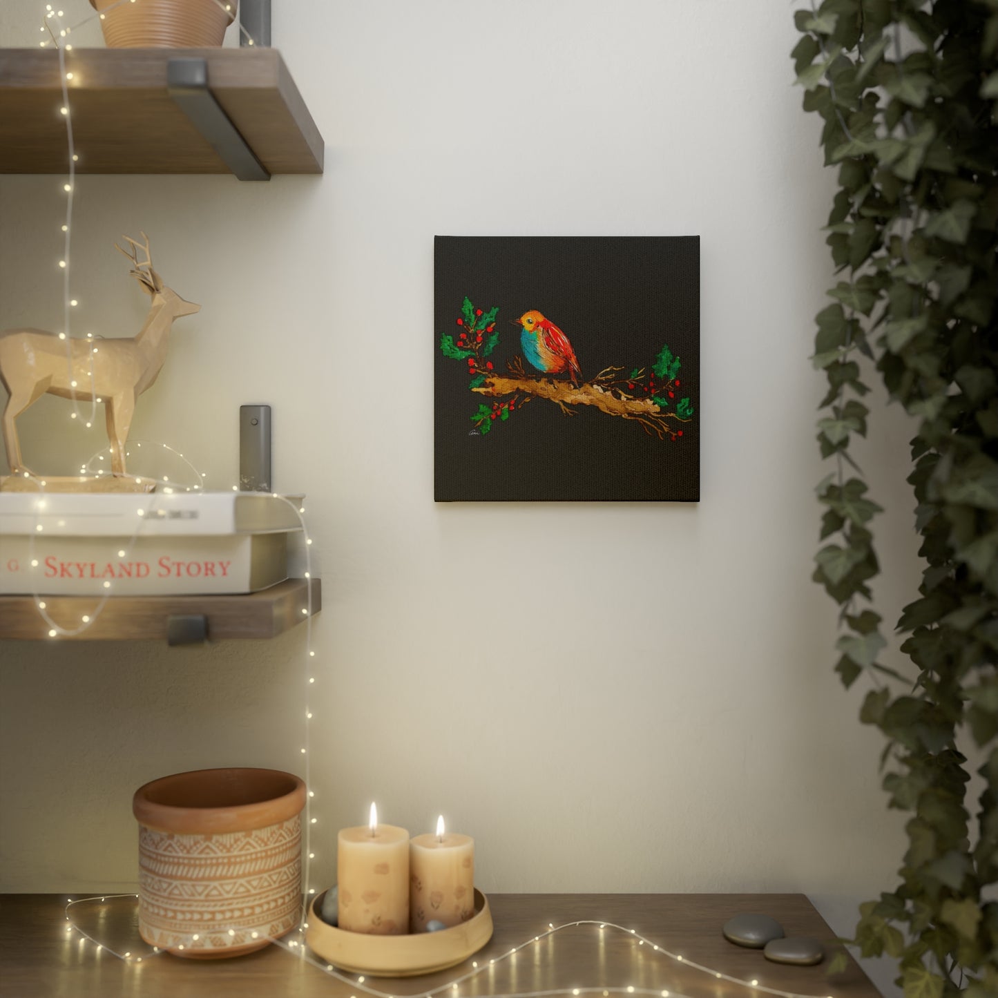 Bright Bird on a Branch Black Canvas Print