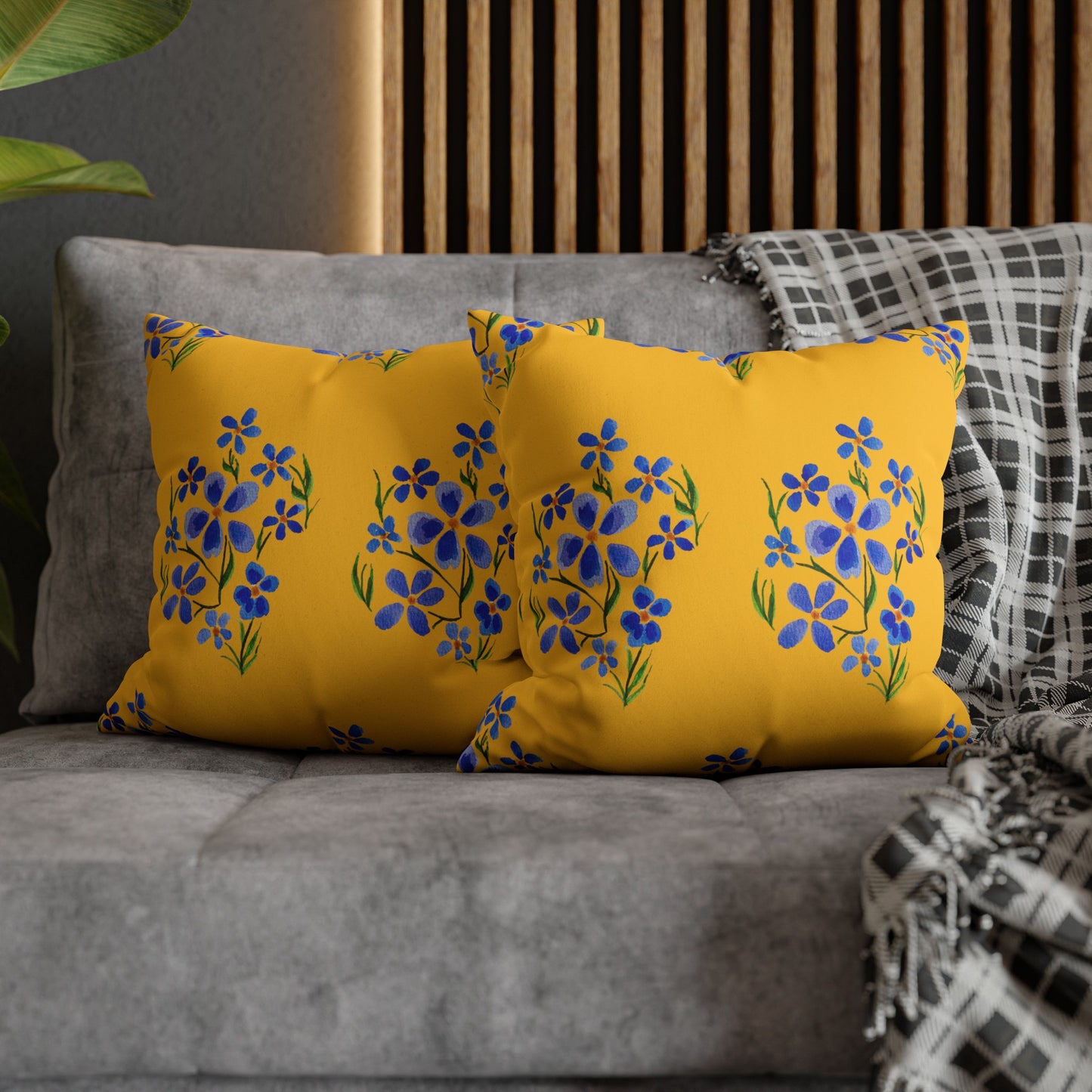 Forget Me Not Floral Faux Suede Square Yellow Pillowcase