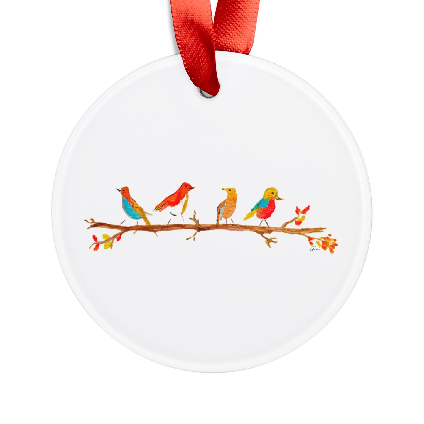 Birds on a Branch Acrylic Ornament with Ribbon