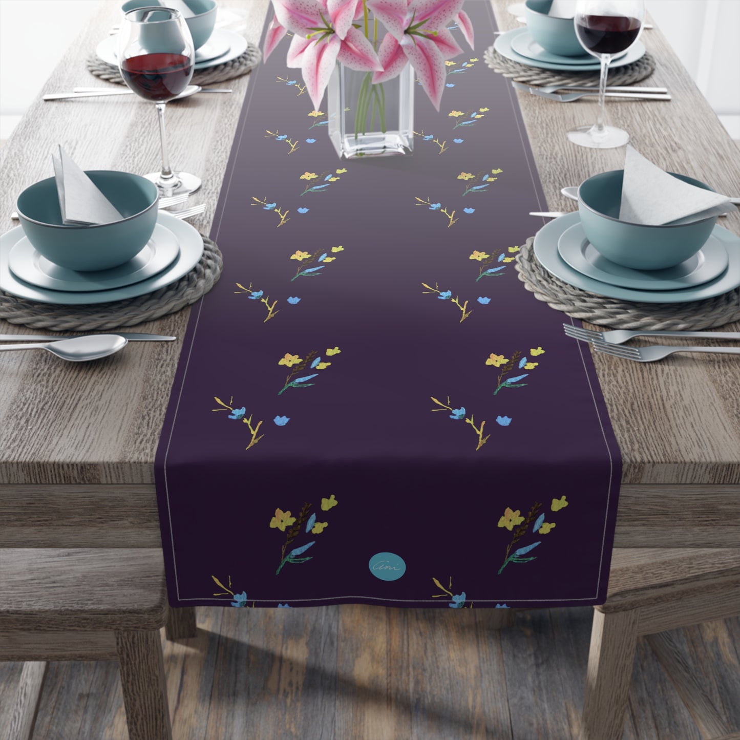 Fall Yellow and Blue Flowers Dark Purple Table Runner (Cotton, Polyester)