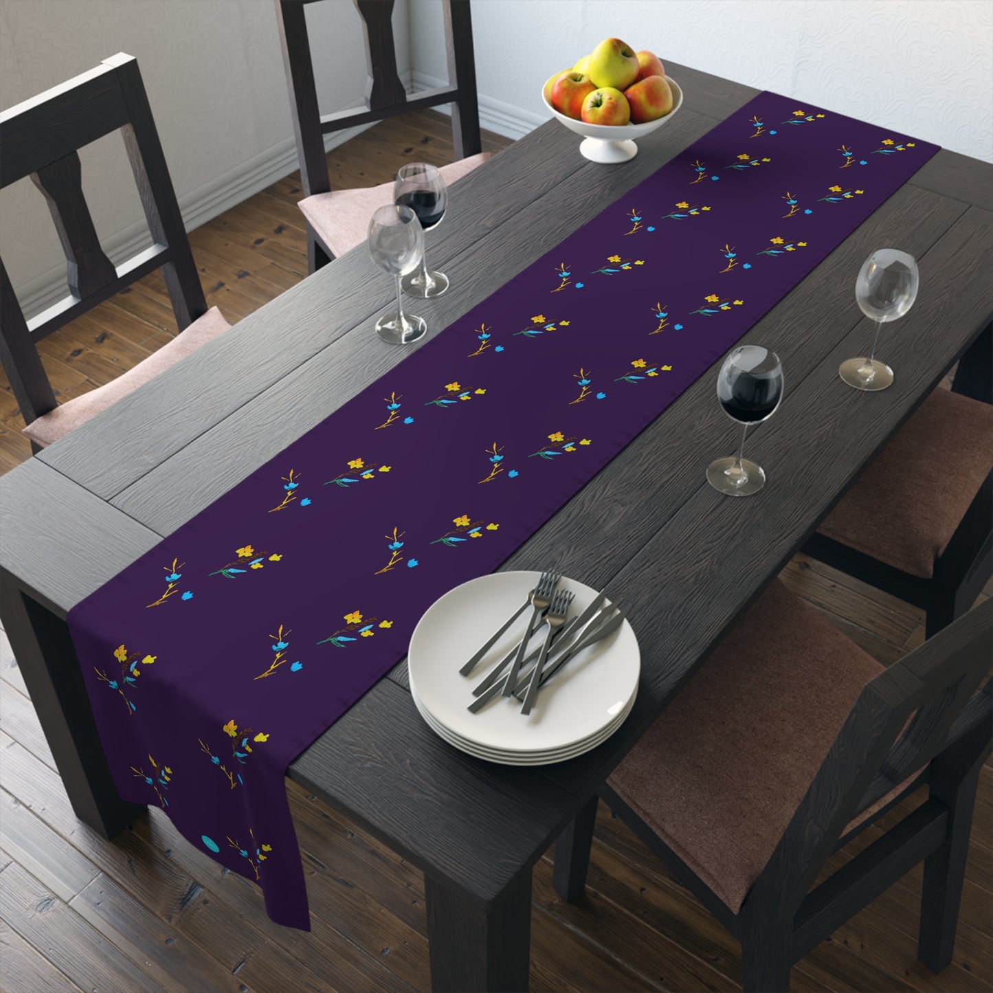 Fall Yellow and Blue Flowers Dark Purple Table Runner (Cotton, Polyester)