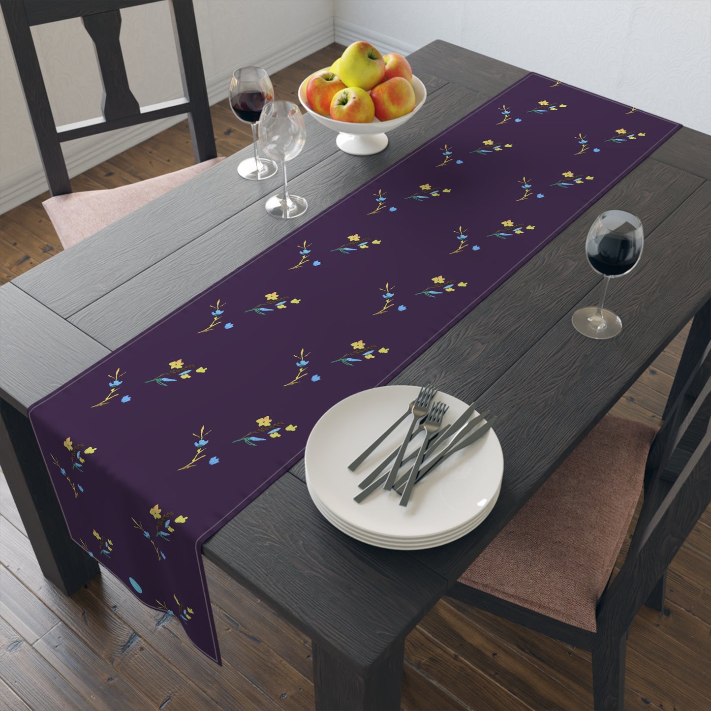 Fall Yellow and Blue Flowers Dark Purple Table Runner (Cotton, Polyester)