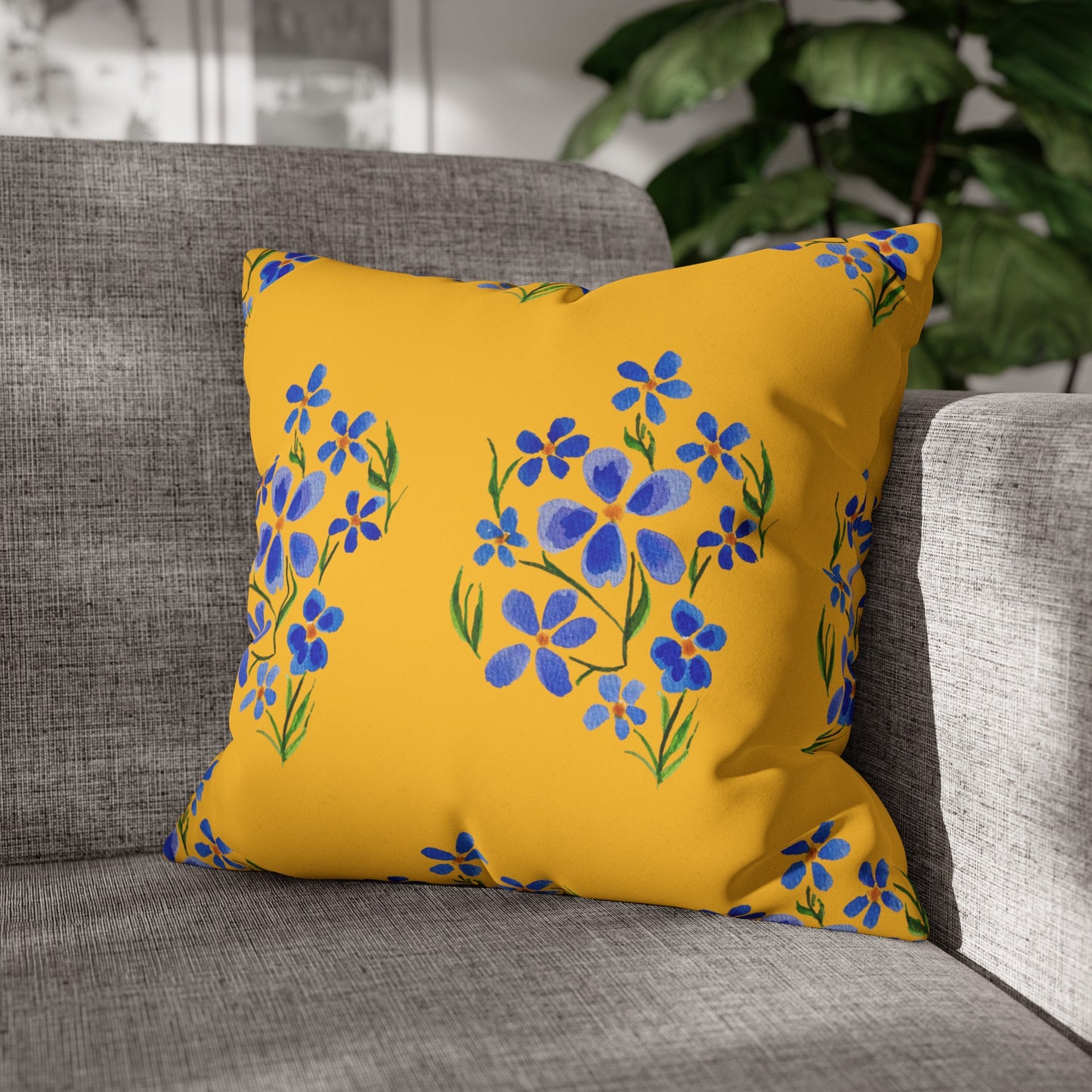 Forget Me Not Floral Faux Suede Square Yellow Pillowcase