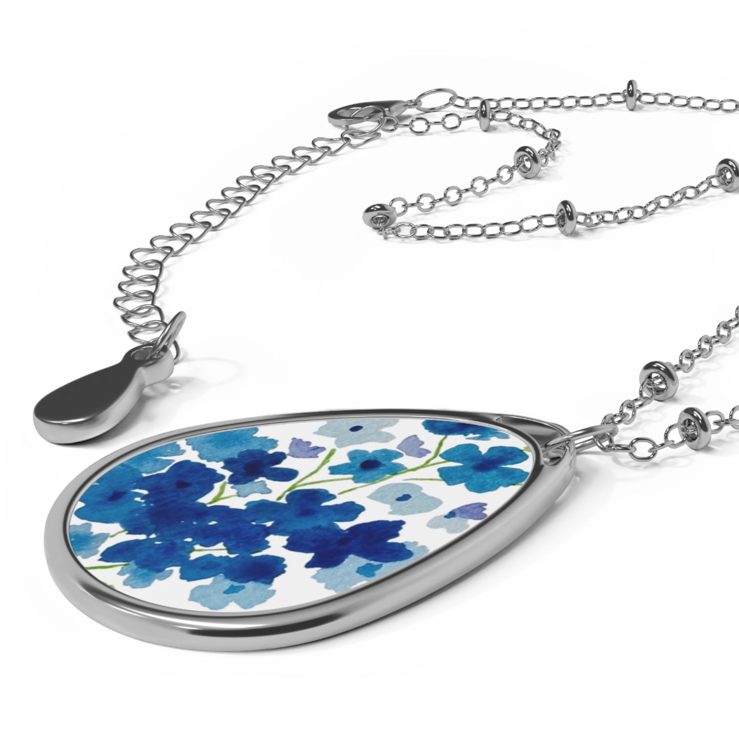 Blue Flowers Close-up Oval Necklace