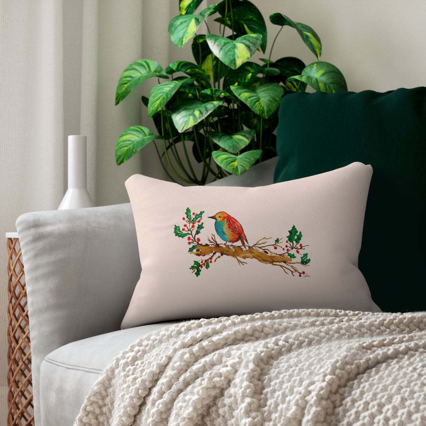 Bright Bird on a Branch Cream Lumbar Pillow