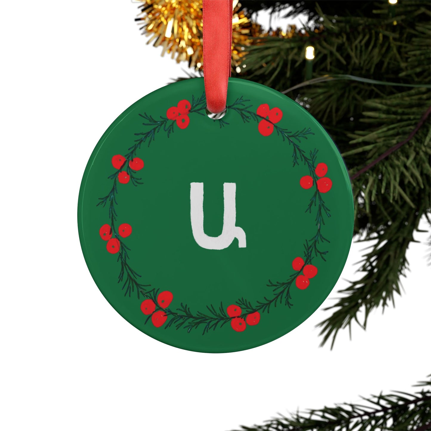 Customizable Armenian Letter Green Acrylic Ornament with Ribbon