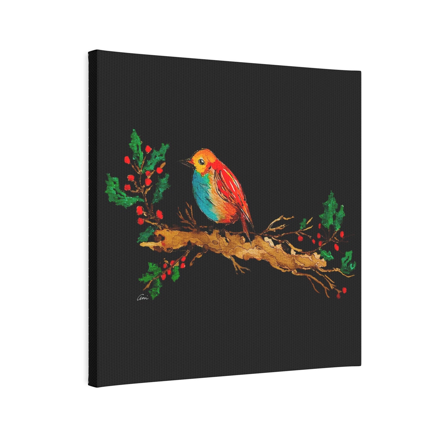 Bright Bird on a Branch Black Canvas Print