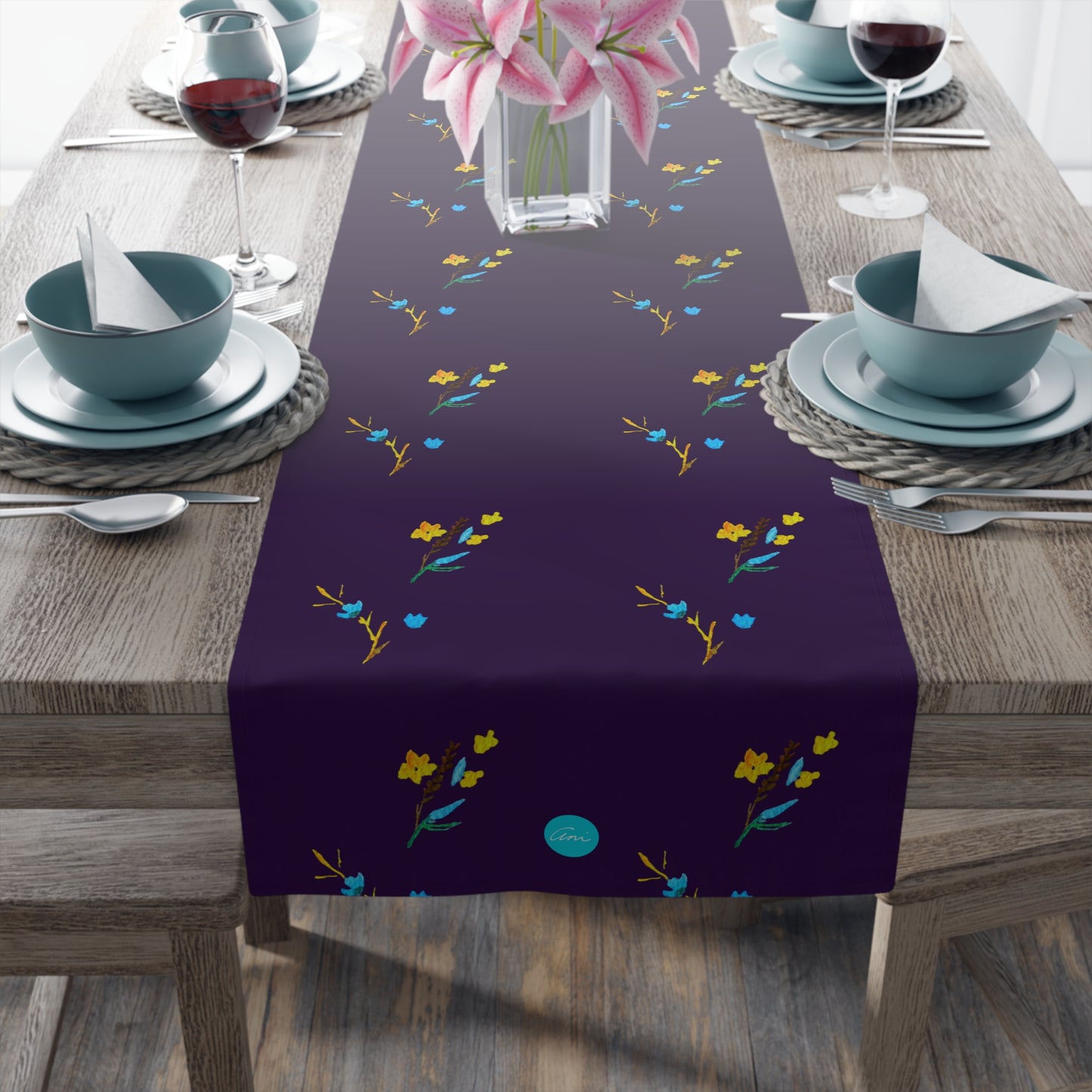 Fall Yellow and Blue Flowers Dark Purple Table Runner (Cotton, Polyester)