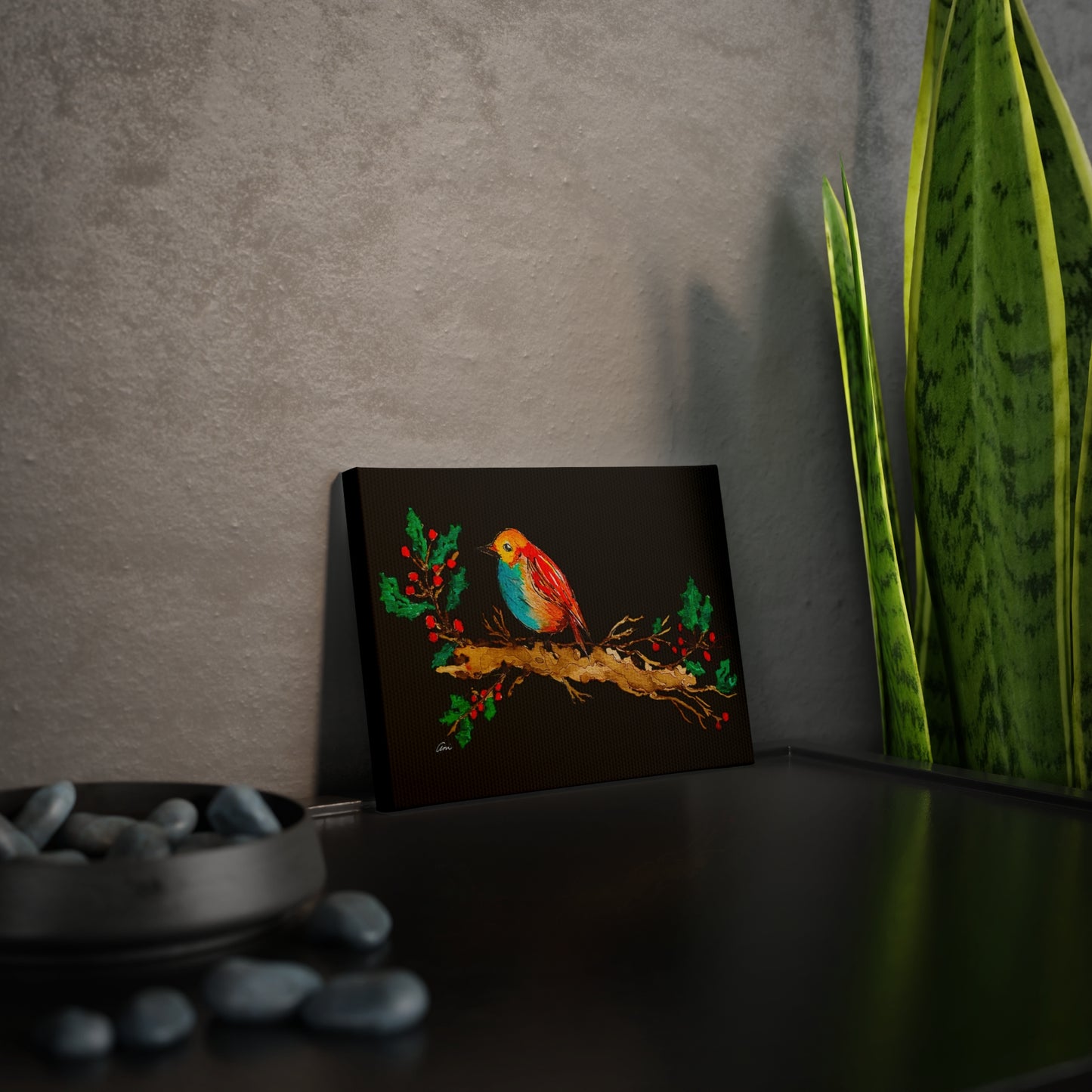 Bright Bird on a Branch Black Canvas Print