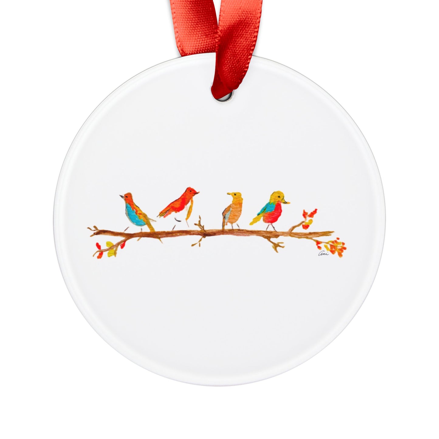 Birds on a Branch Acrylic Ornament with Ribbon