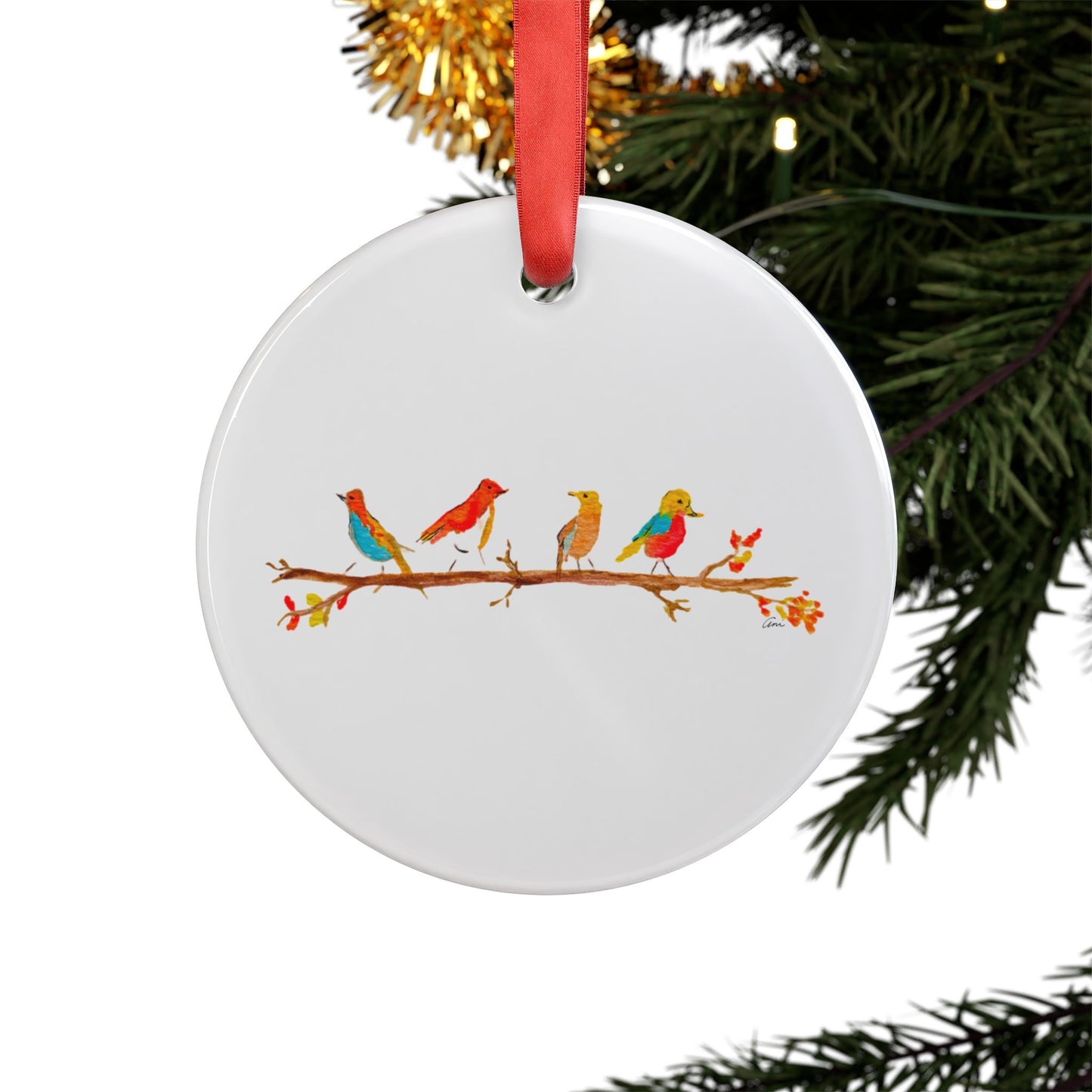 Birds on a Branch Acrylic Ornament with Ribbon