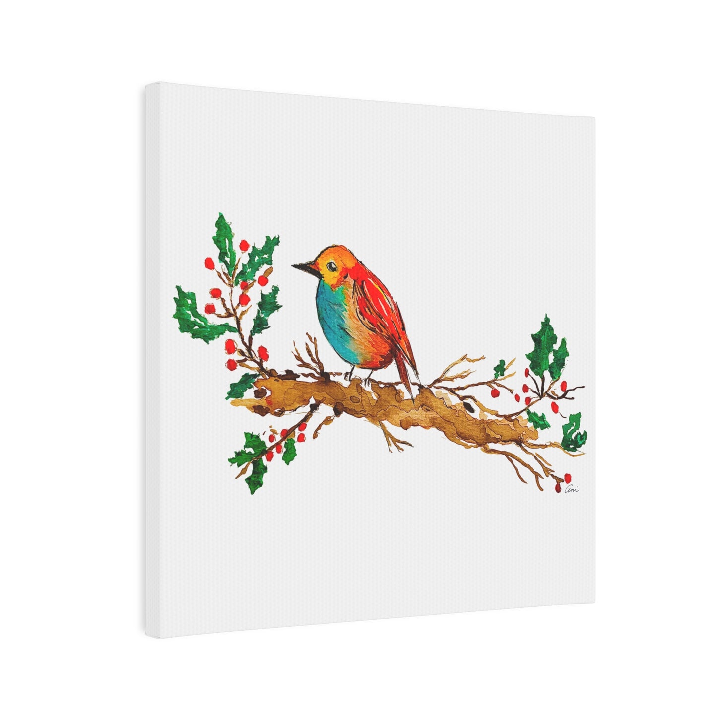 Bright Bird on a Branch White Canvas Print