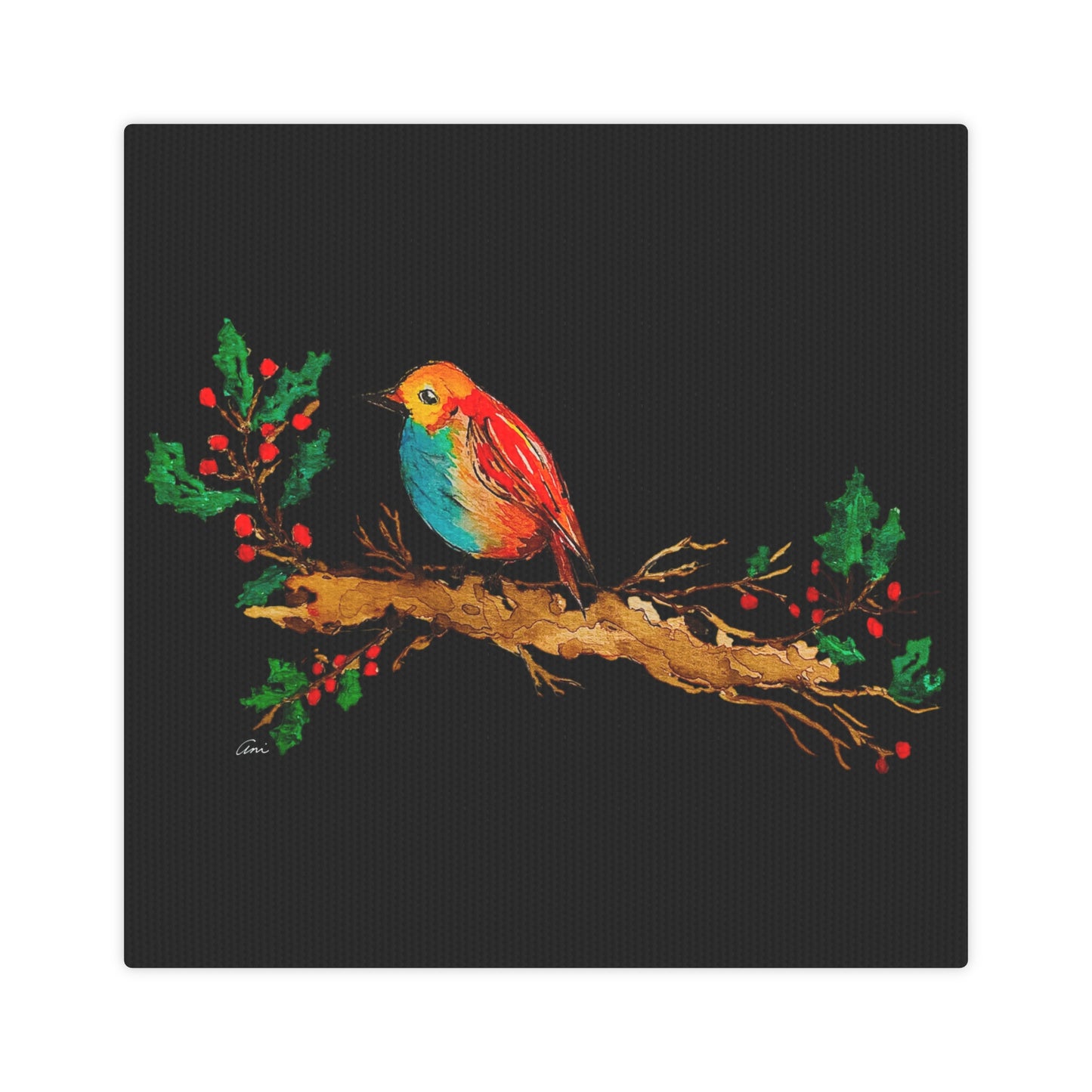 Bright Bird on a Branch Black Canvas Print