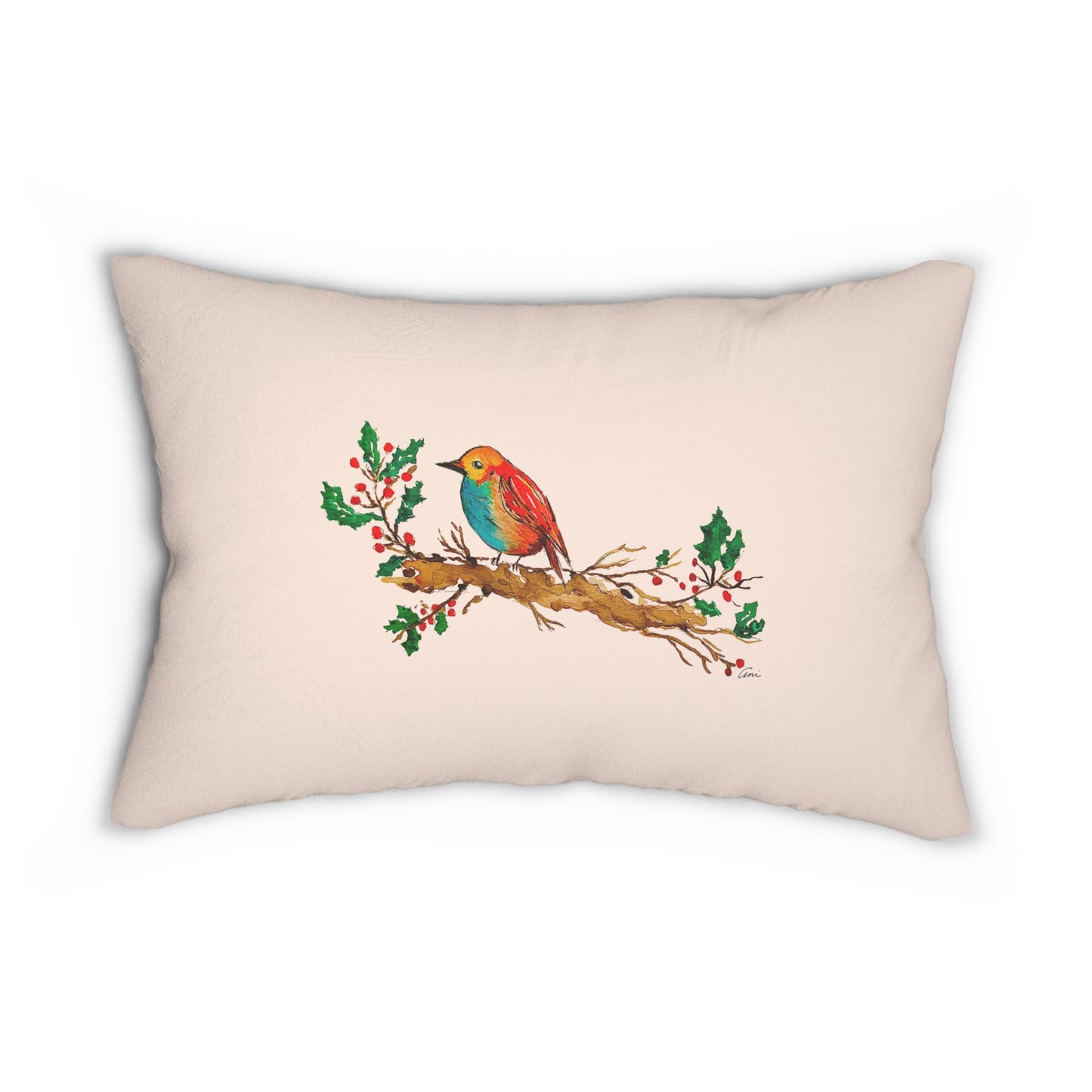 Bright Bird on a Branch Cream Lumbar Pillow