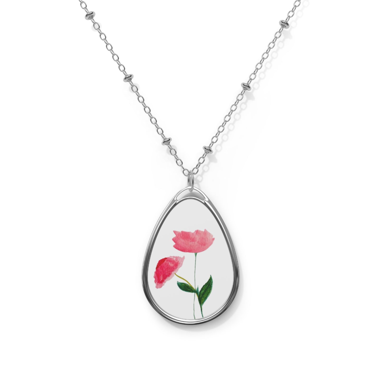 Two Pink Flowers Oval Necklace