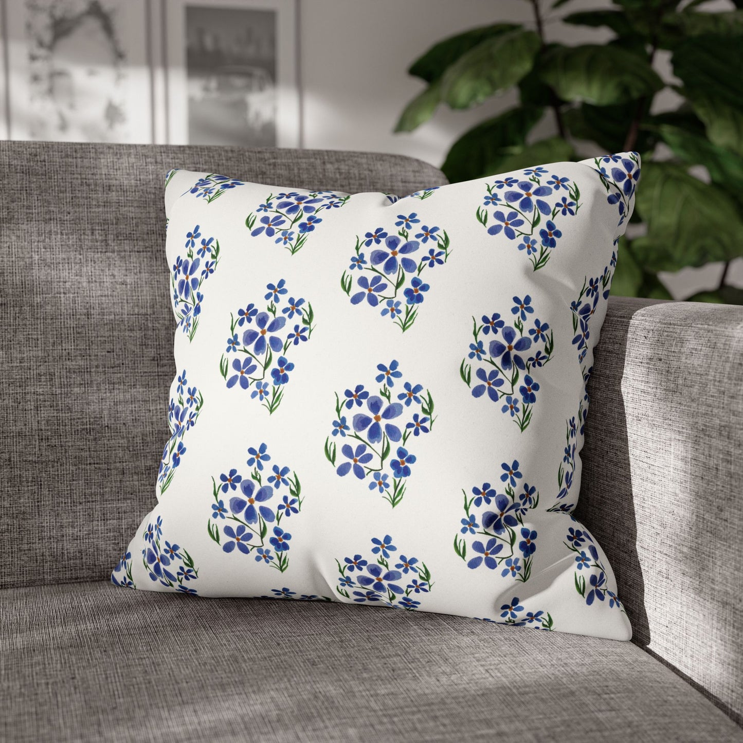 Forget Me Not Floral Faux Suede Square White Pillowcase