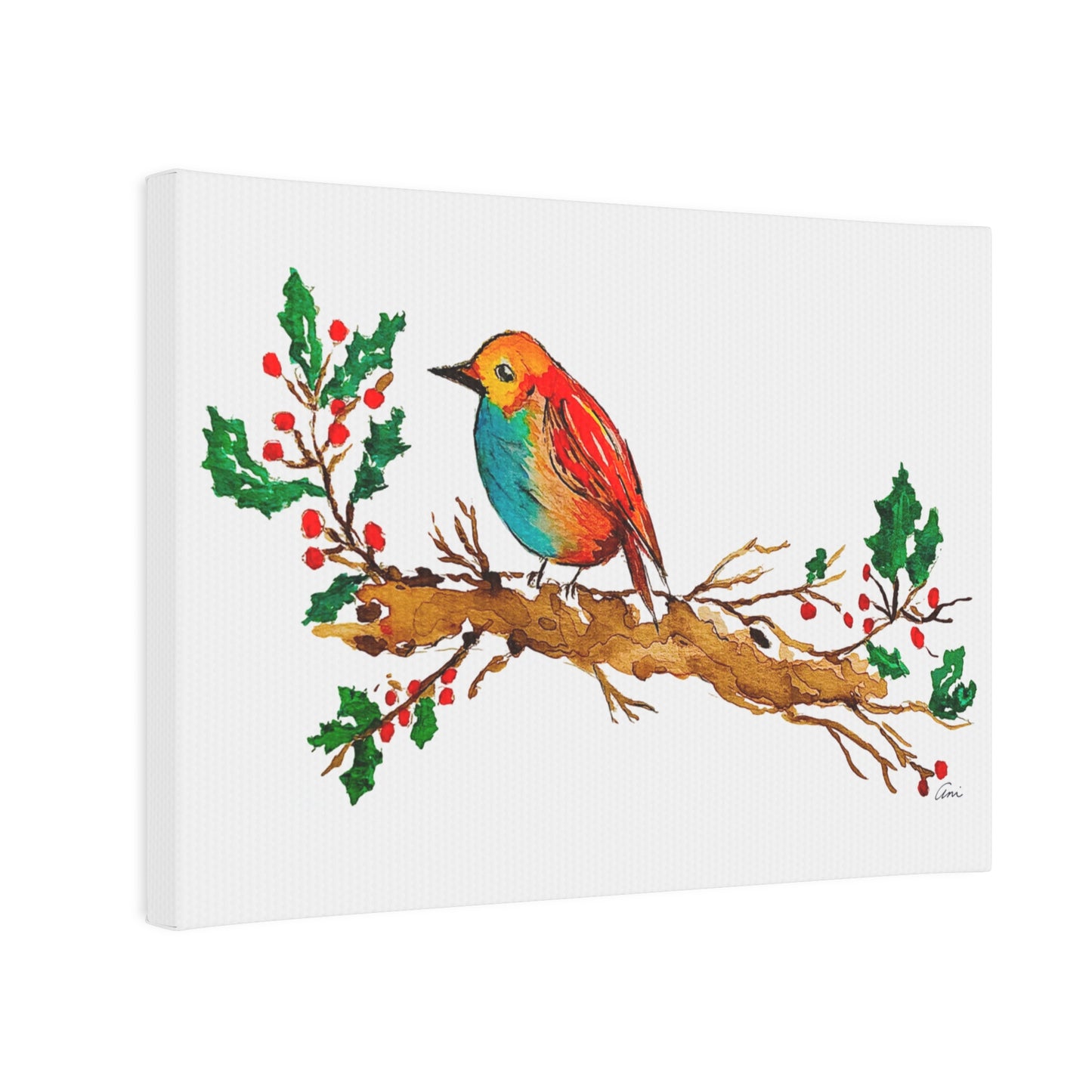 Bright Bird on a Branch White Canvas Print